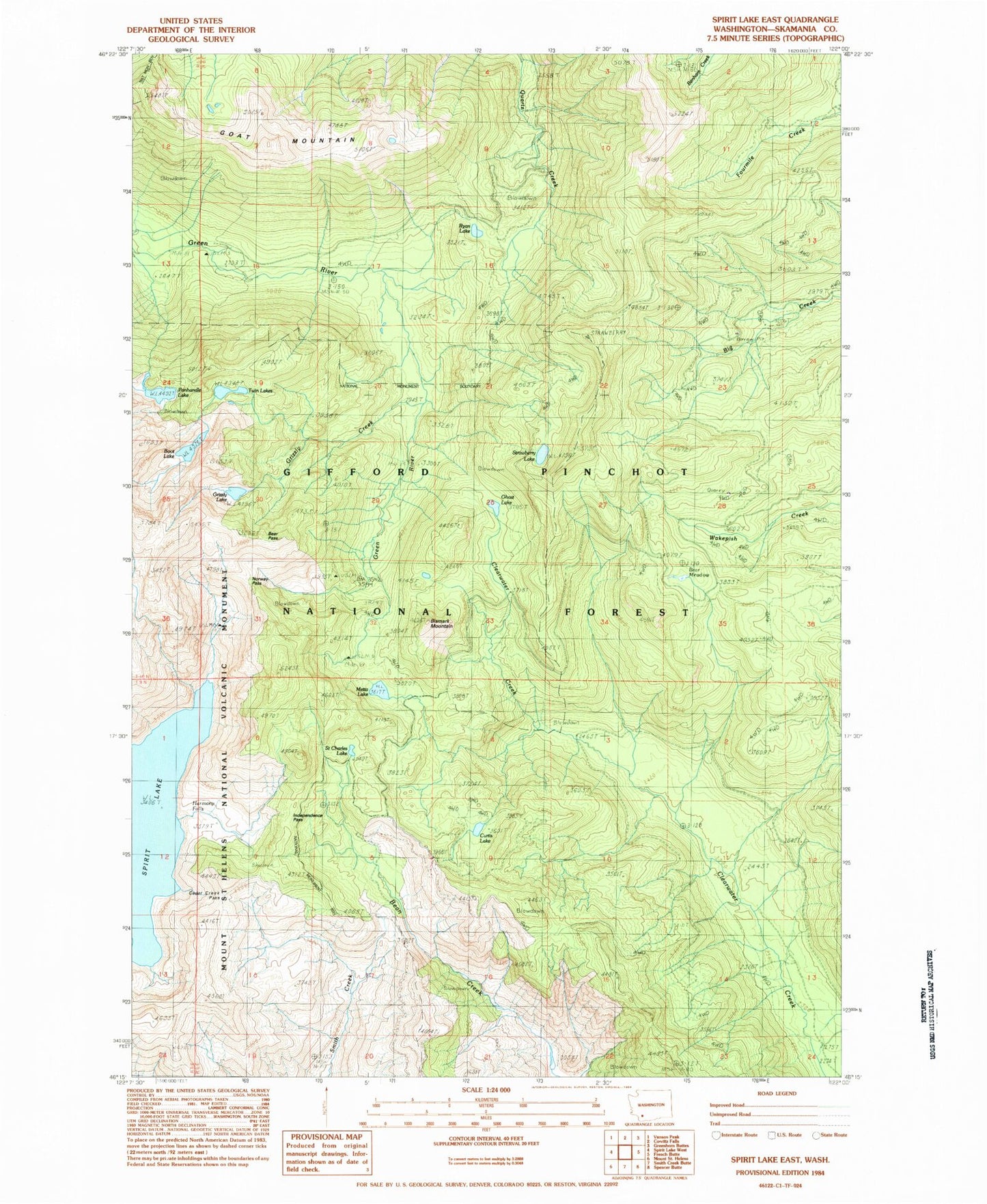 Classic USGS Spirit Lake East Washington 7.5'x7.5' Topo Map Image