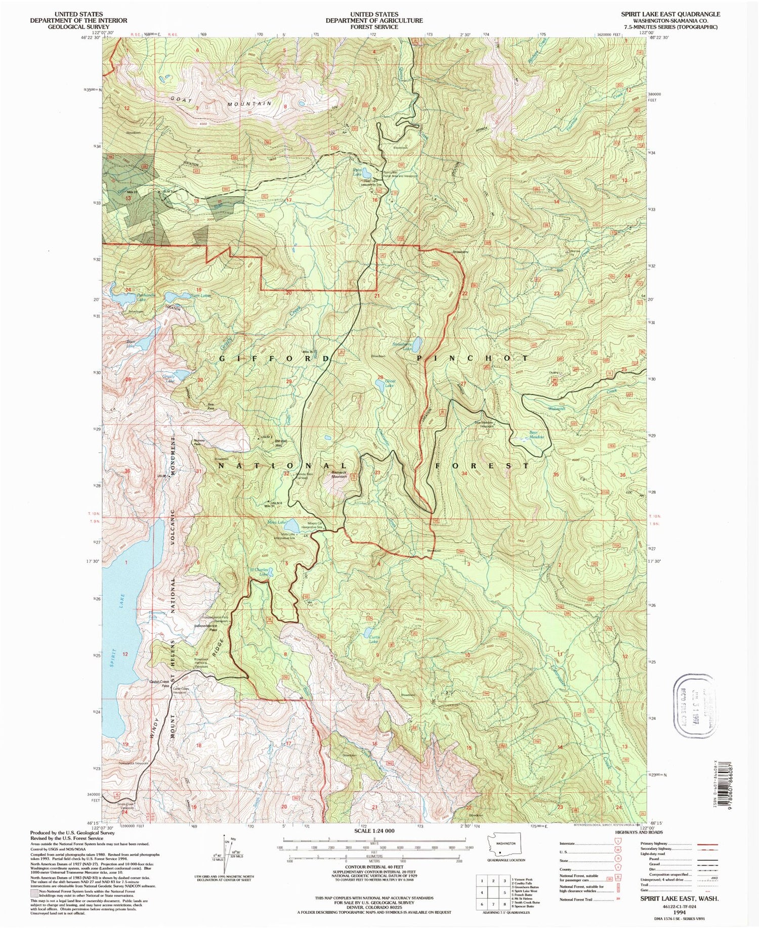 Classic USGS Spirit Lake East Washington 7.5'x7.5' Topo Map Image