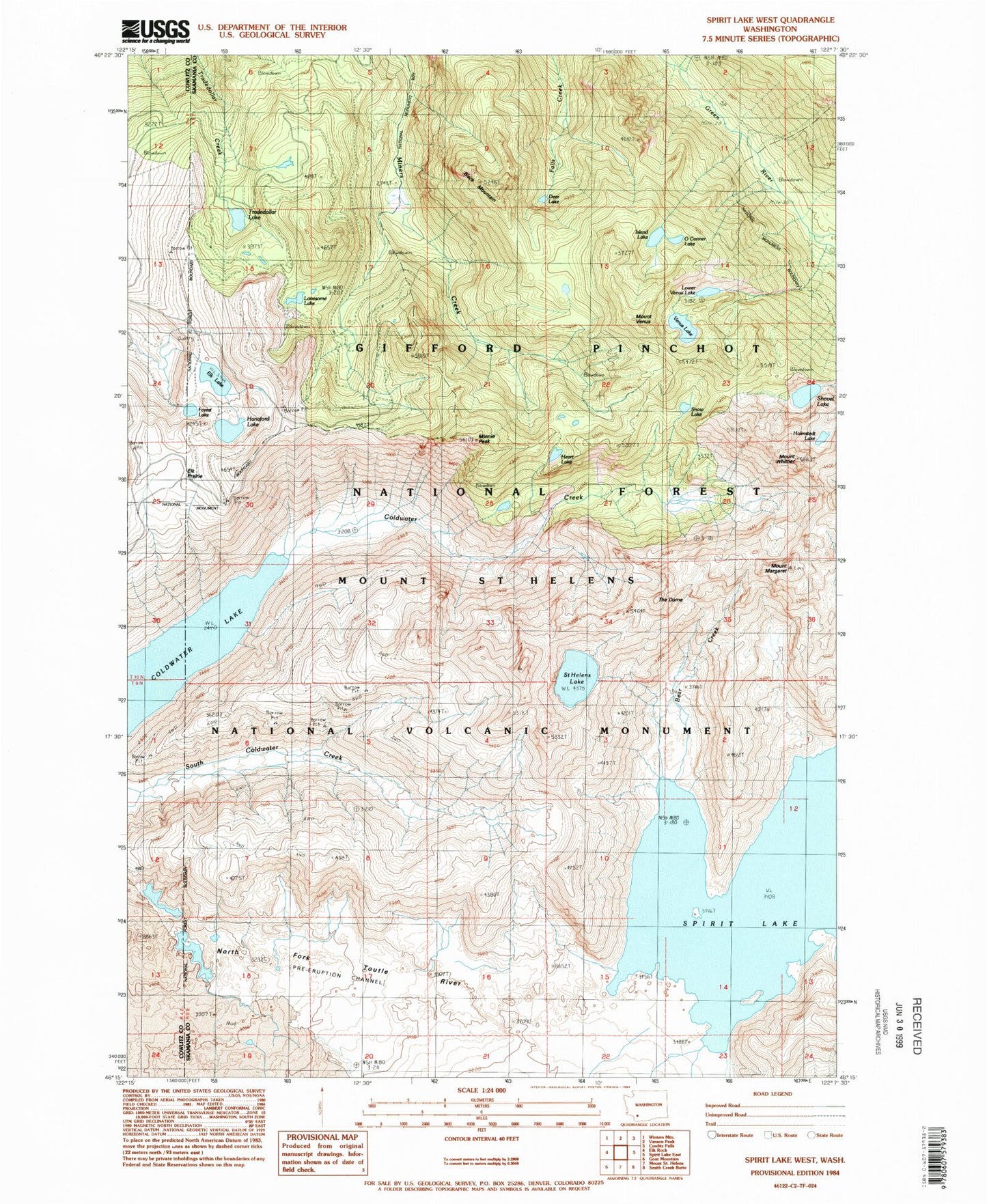 Classic USGS Spirit Lake West Washington 7.5'x7.5' Topo Map Image