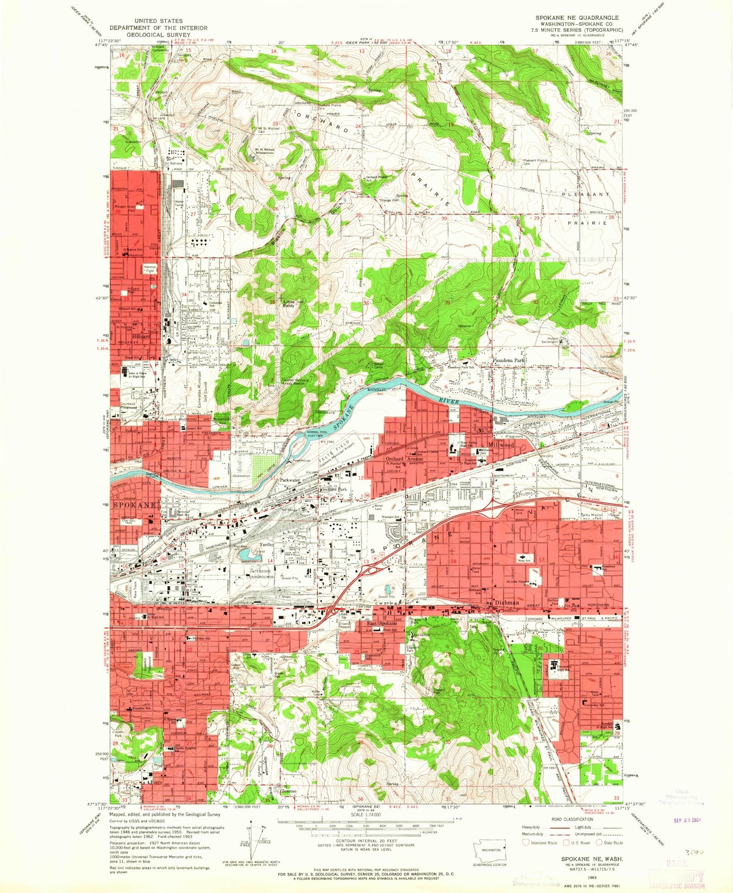 Classic USGS Spokane NE Washington 7.5'x7.5' Topo Map Image