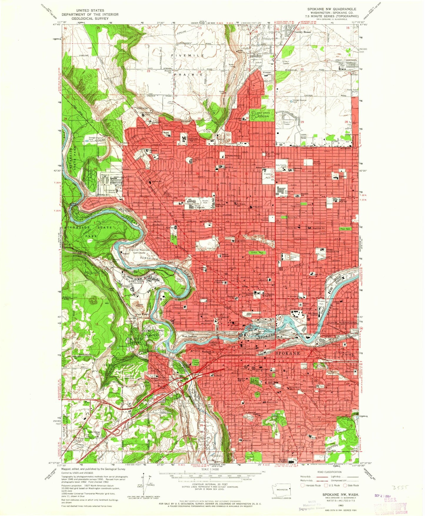 Classic USGS Spokane NW Washington 7.5'x7.5' Topo Map Image