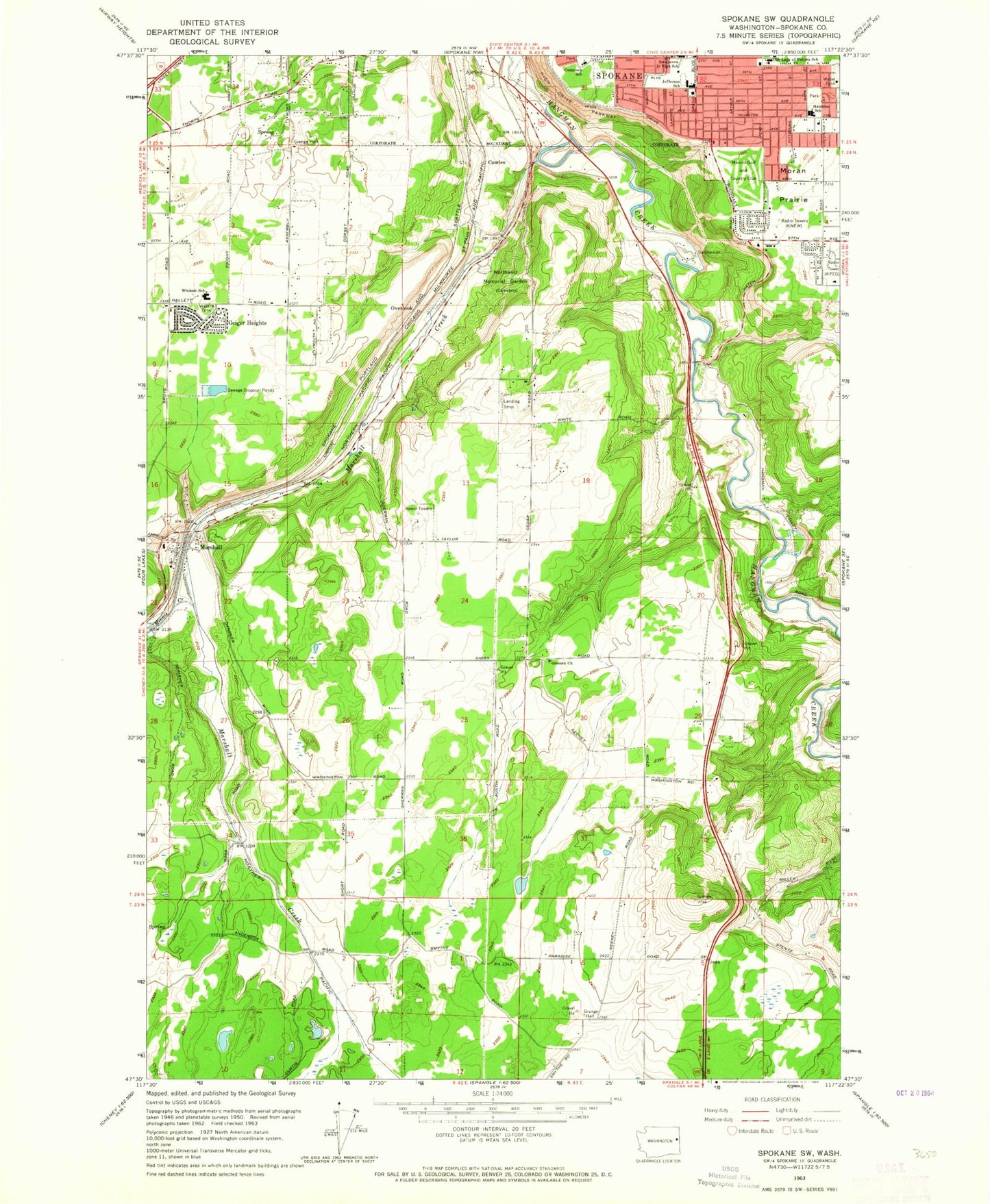 Classic USGS Spokane SW Washington 7.5'x7.5' Topo Map Image