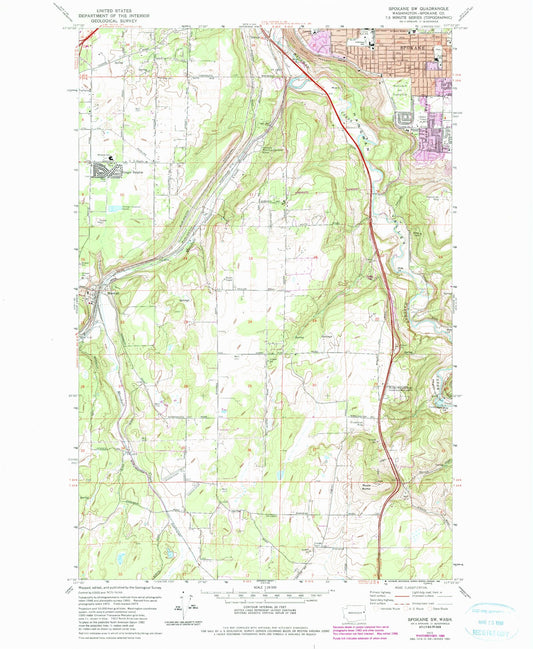 Classic USGS Spokane SW Washington 7.5'x7.5' Topo Map Image
