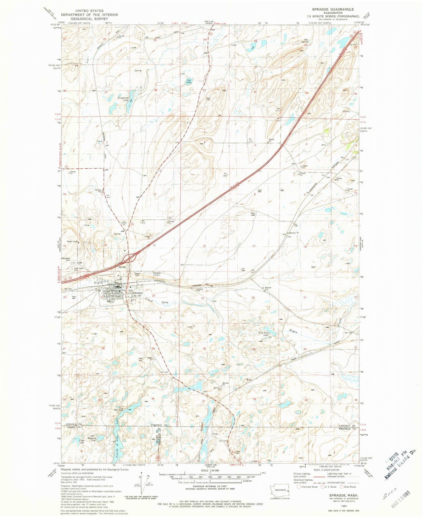 Classic USGS Sprague Washington 7.5'x7.5' Topo Map Image