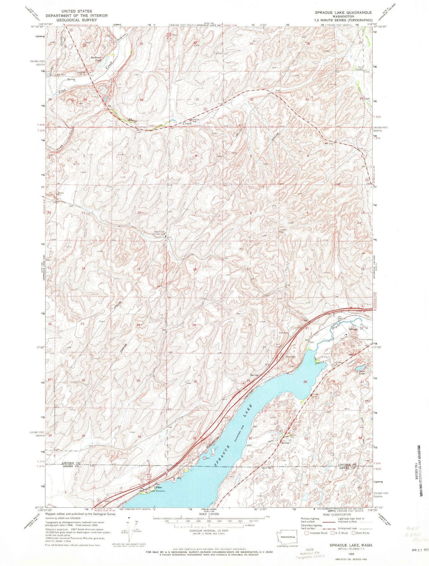 Classic USGS Sprague Lake Washington 7.5'x7.5' Topo Map Image