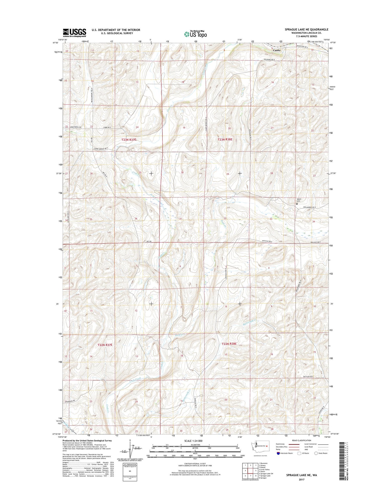 Sprague Lake NE Washington US Topo Map Image