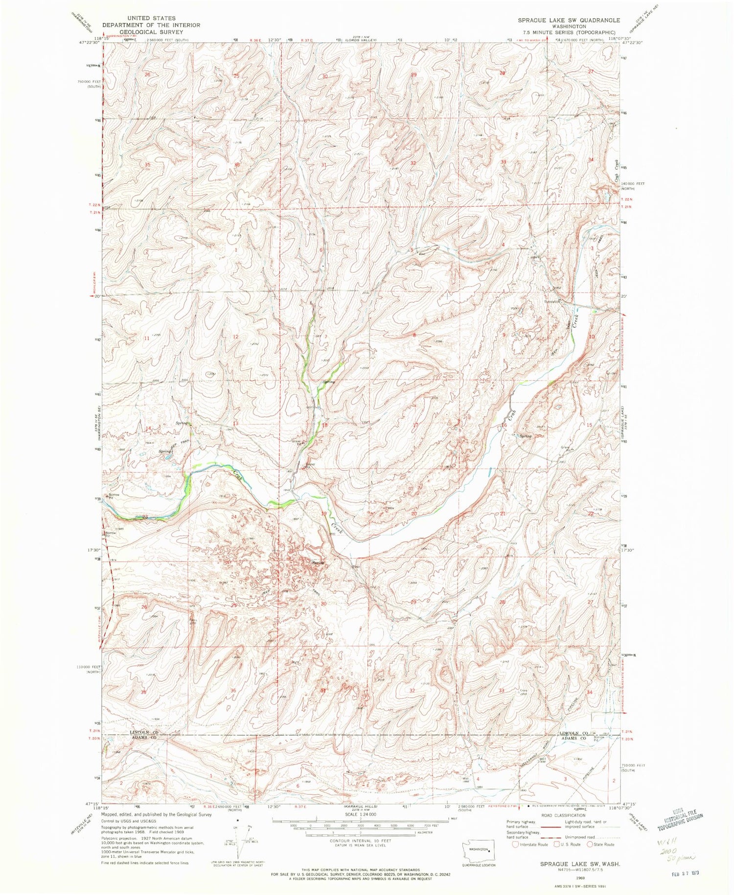 Classic USGS Sprague Lake SW Washington 7.5'x7.5' Topo Map Image