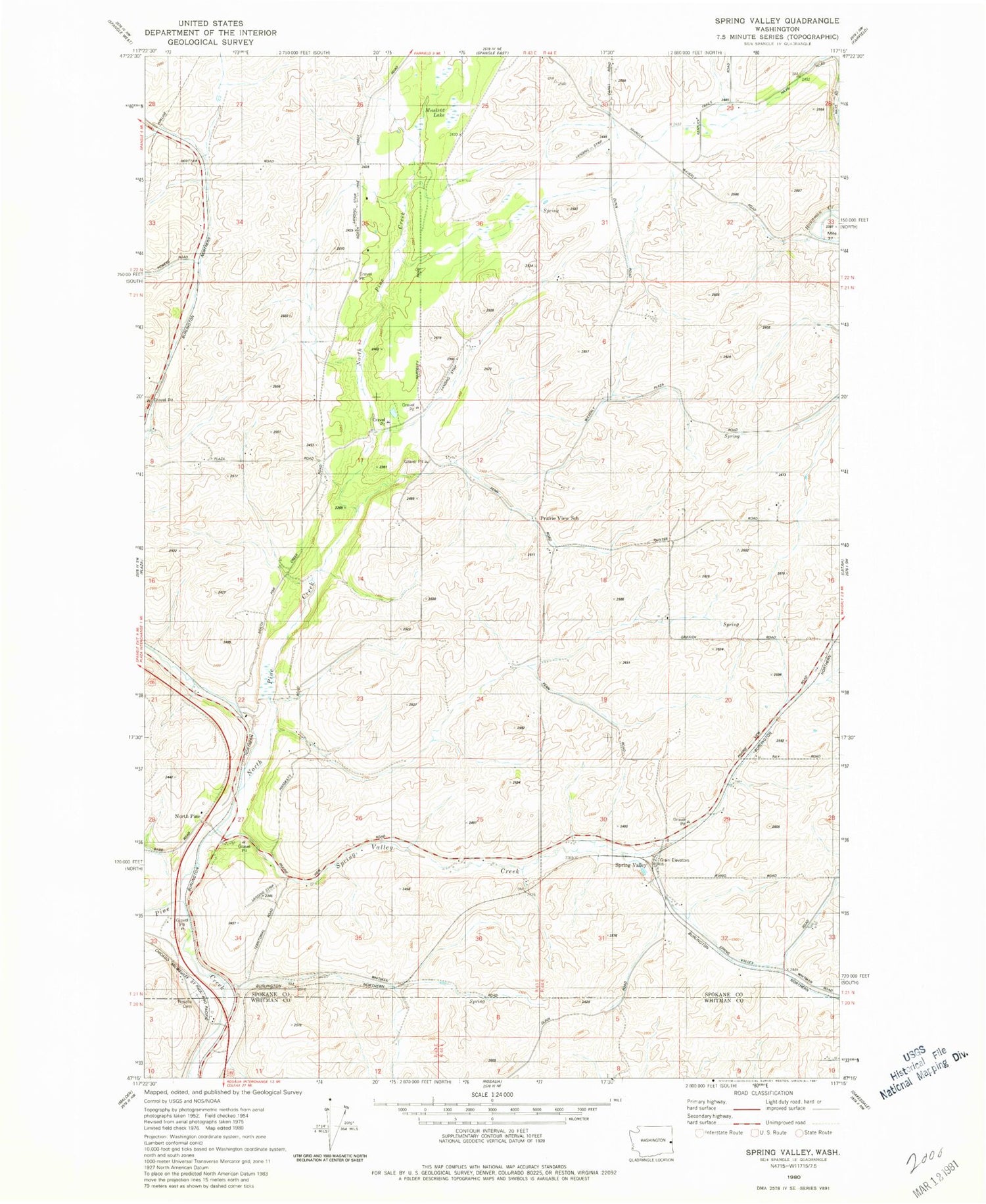 Classic USGS Spring Valley Washington 7.5'x7.5' Topo Map Image