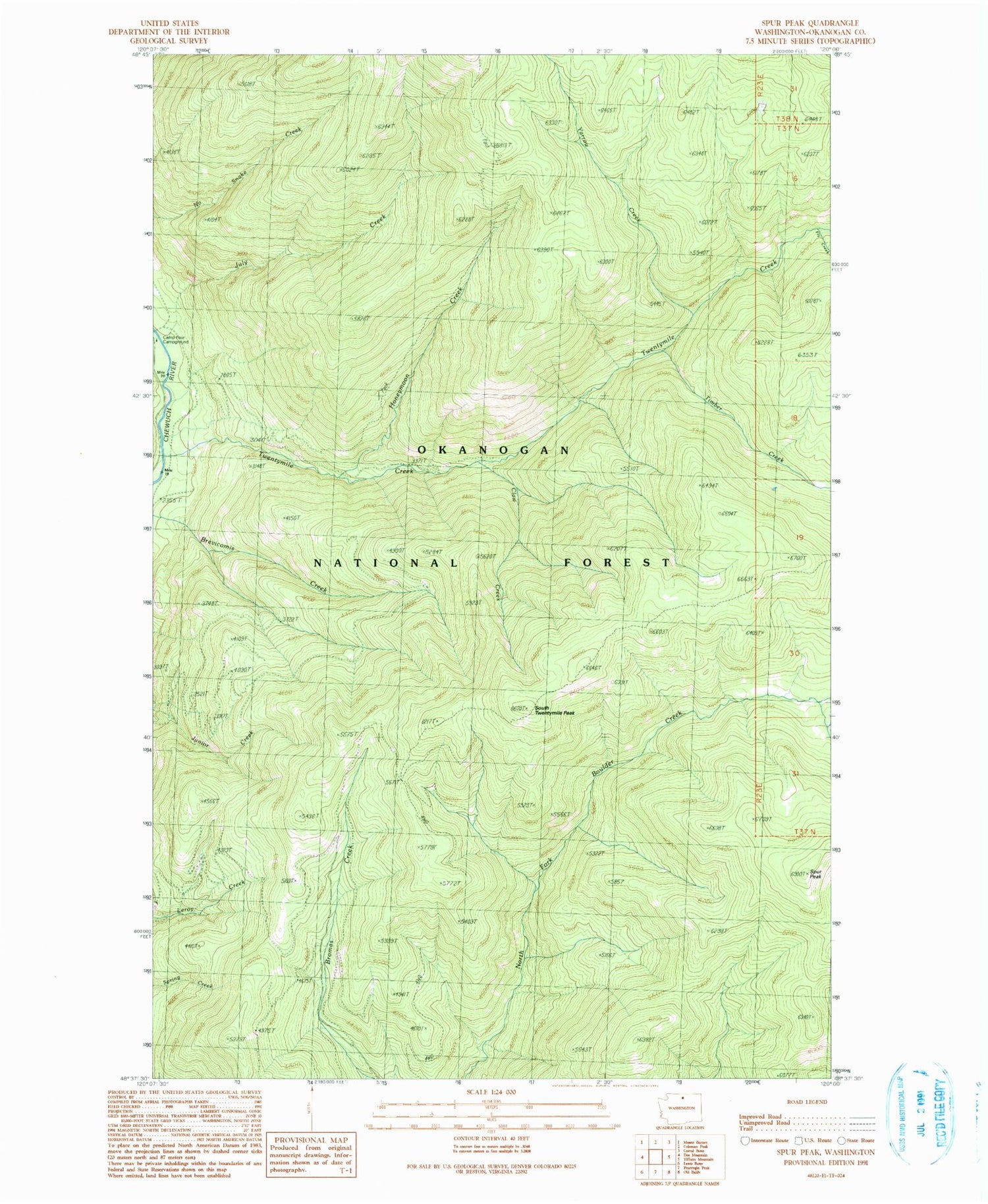 Classic USGS Spur Peak Washington 7.5'x7.5' Topo Map Image