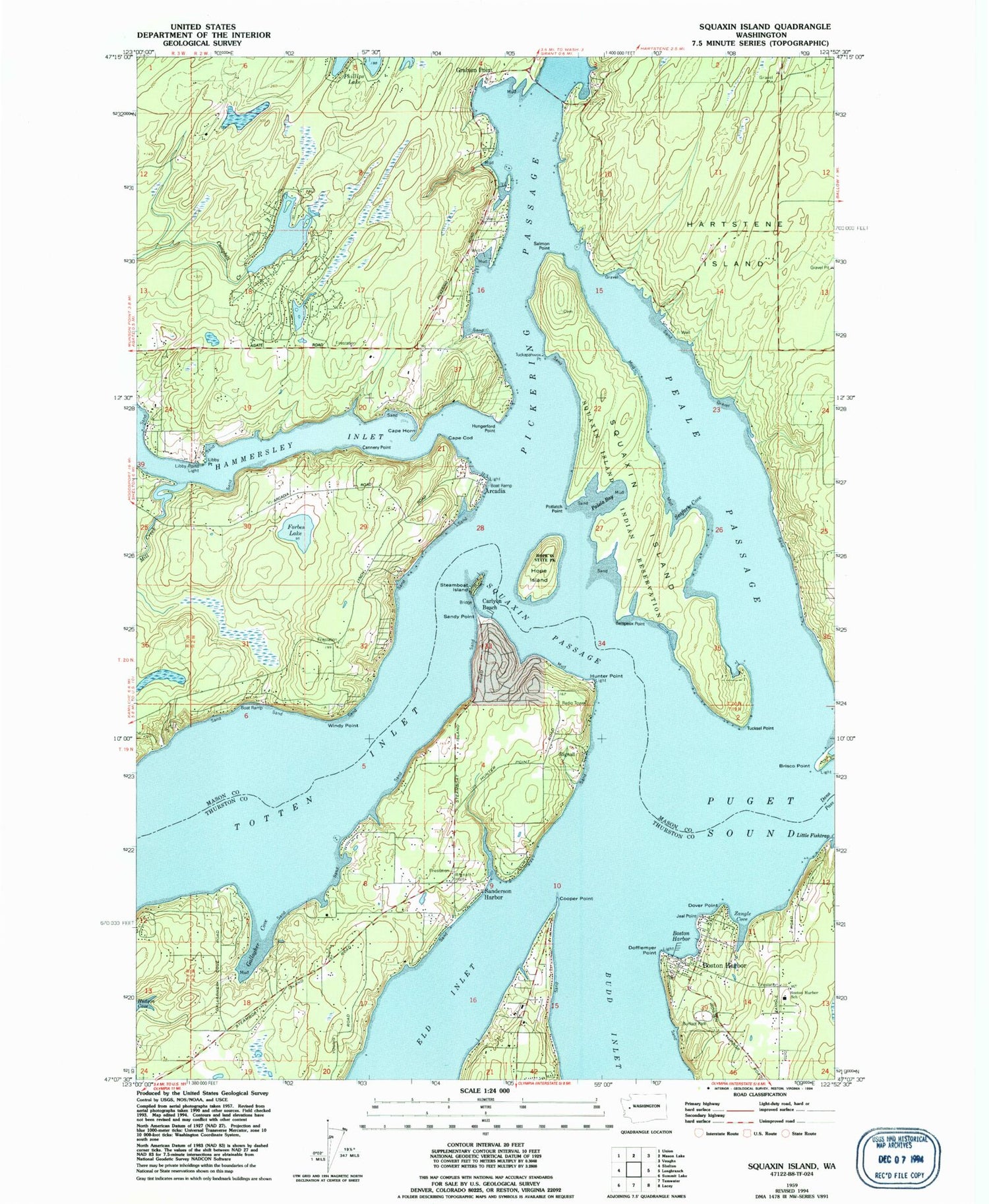 Classic USGS Squaxin Island Washington 7.5'x7.5' Topo Map Image