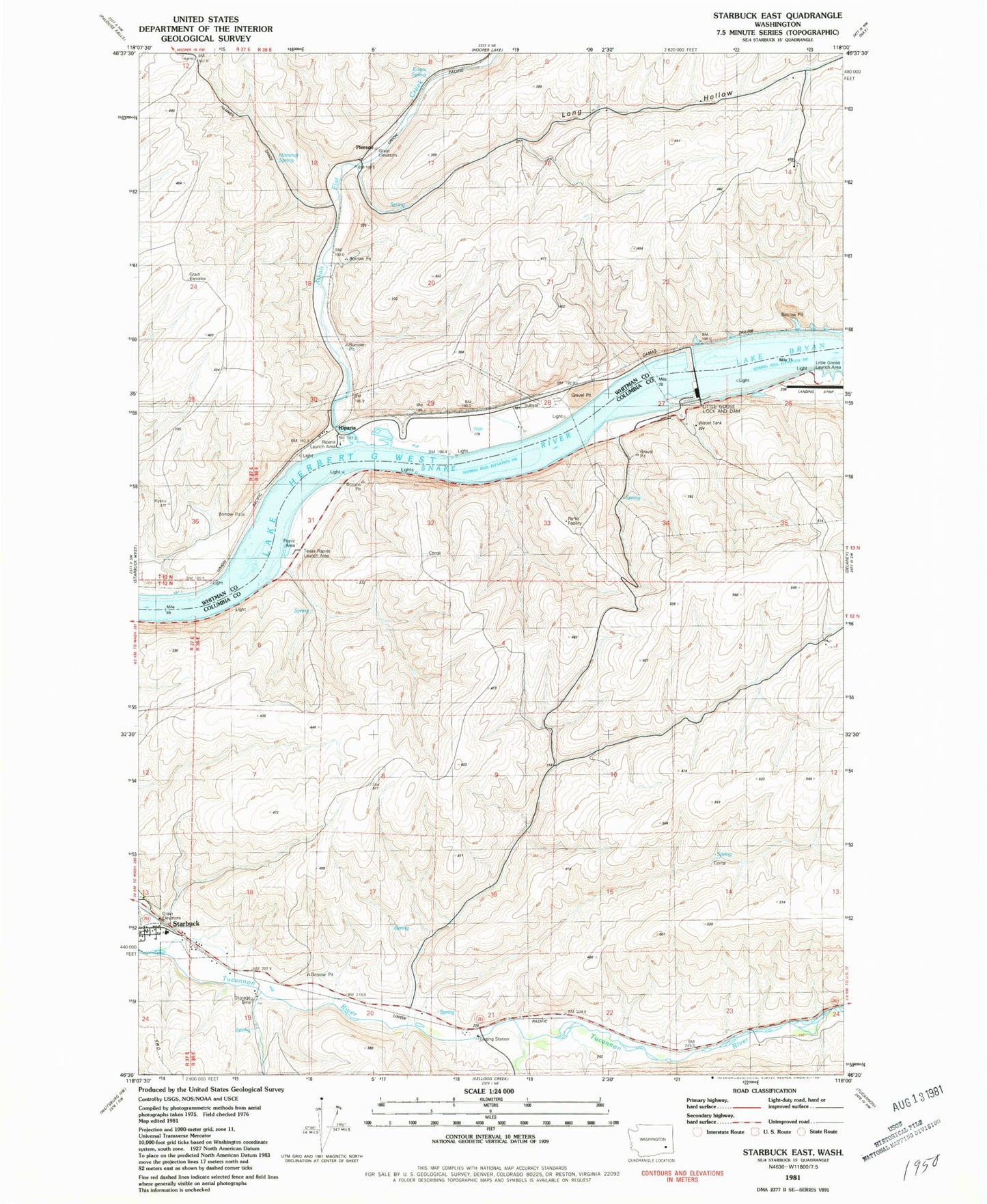 Classic USGS Starbuck East Washington 7.5'x7.5' Topo Map Image