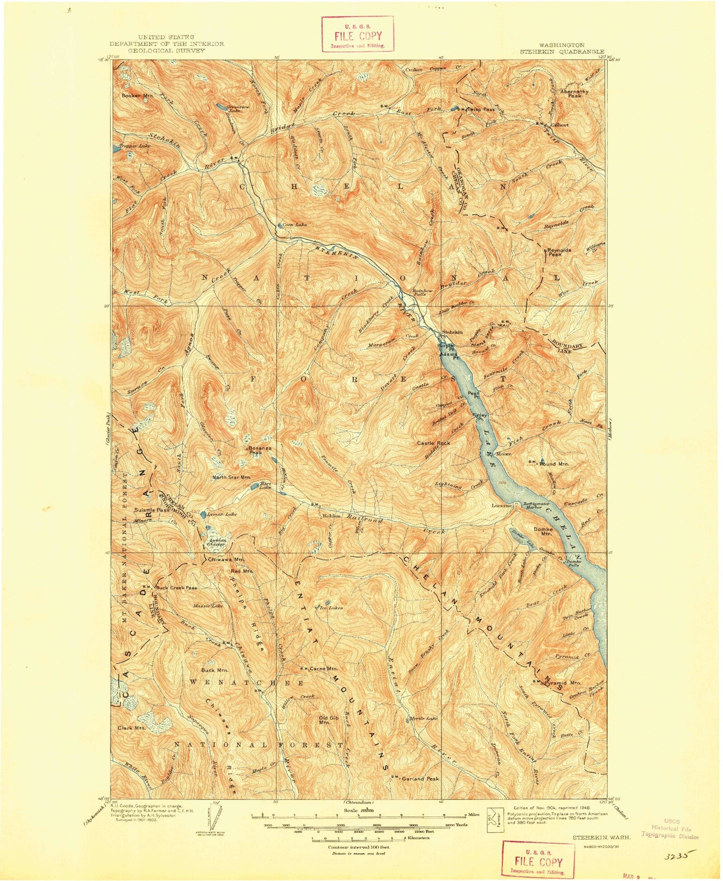 Historic 1904 Stehekin Washington 30'x30' Topo Map Image