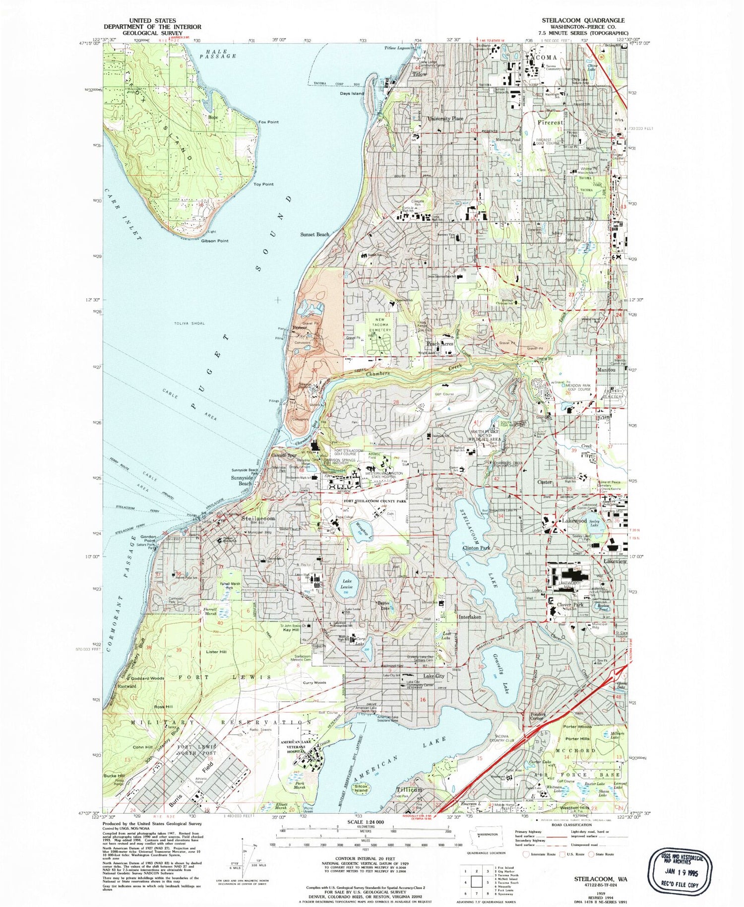 Classic USGS Steilacoom Washington 7.5'x7.5' Topo Map Image