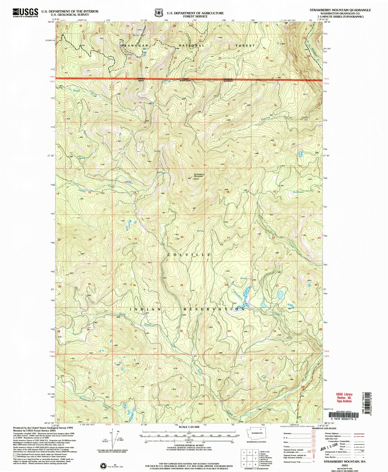 Classic USGS Strawberry Mountain Washington 7.5'x7.5' Topo Map Image