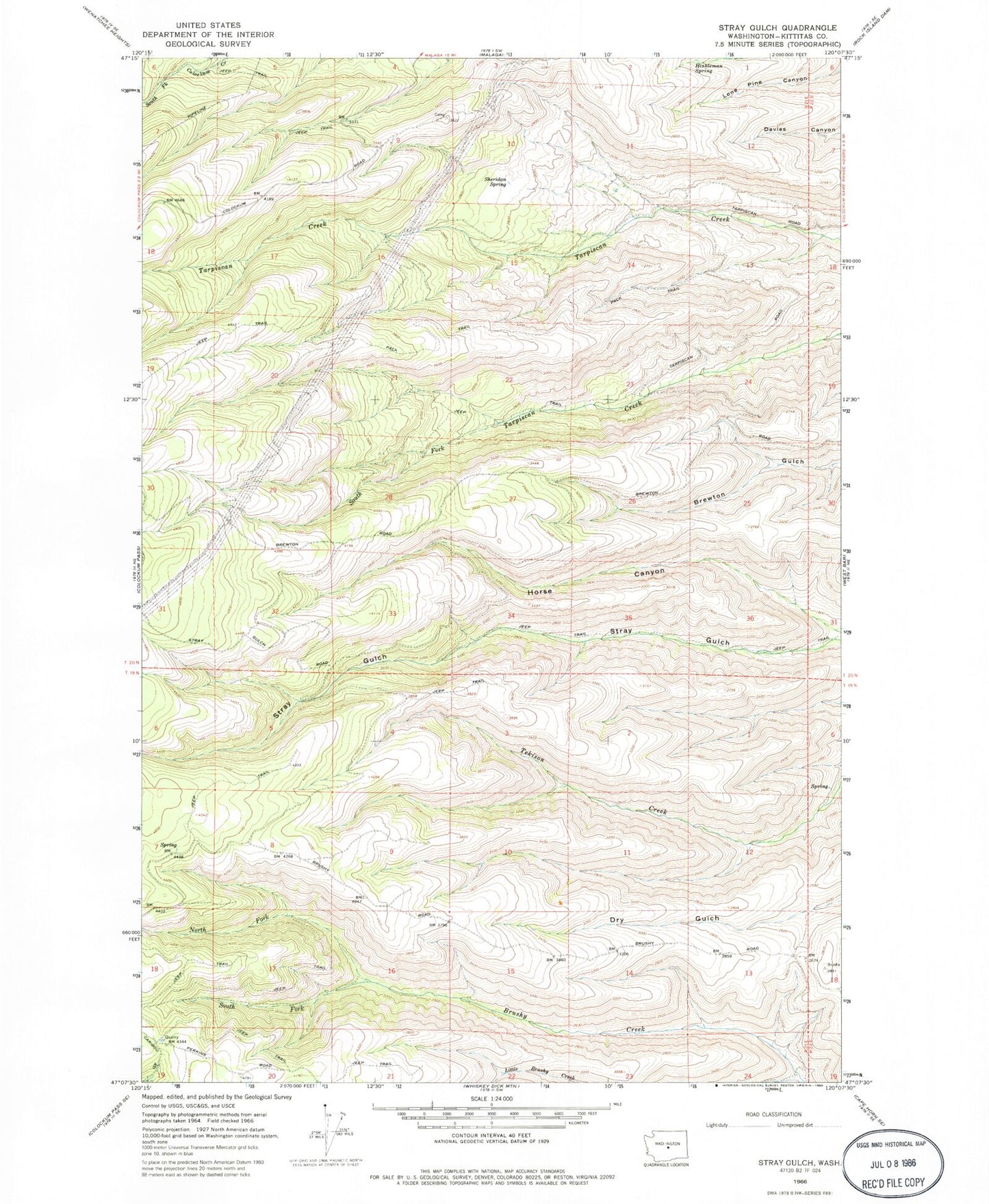 Classic USGS Stray Gulch Washington 7.5'x7.5' Topo Map Image