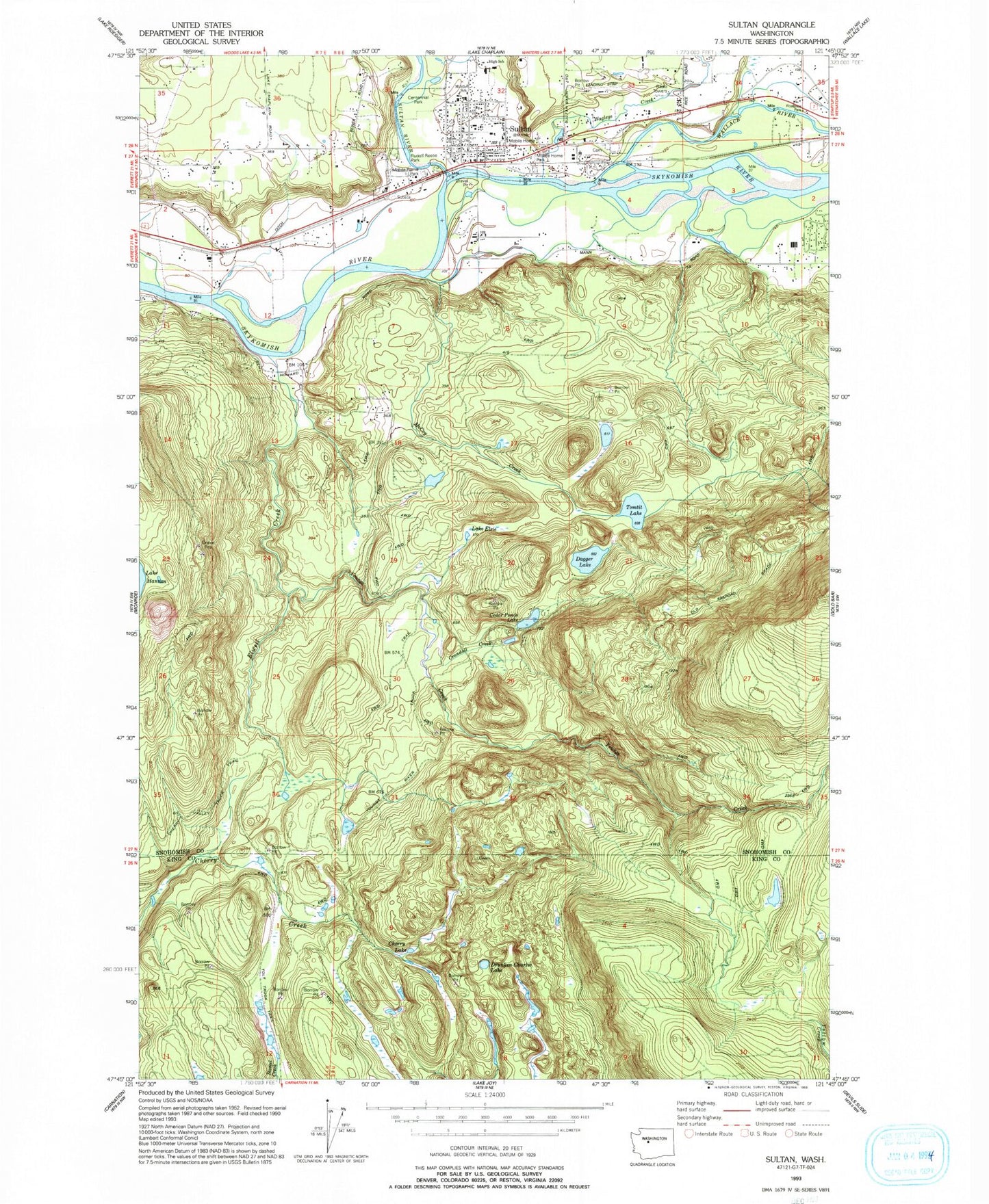 Classic USGS Sultan Washington 7.5'x7.5' Topo Map Image