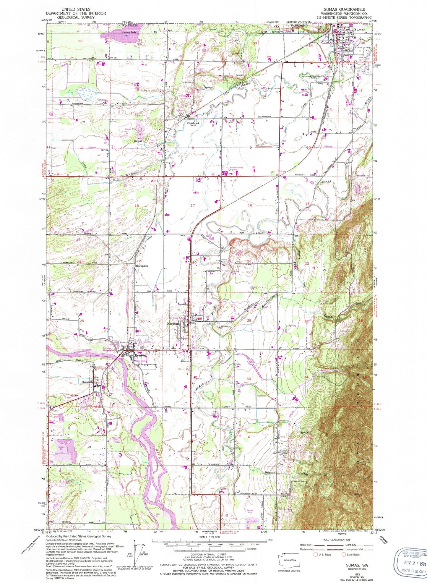 Classic USGS Sumas Washington 7.5'x7.5' Topo Map Image