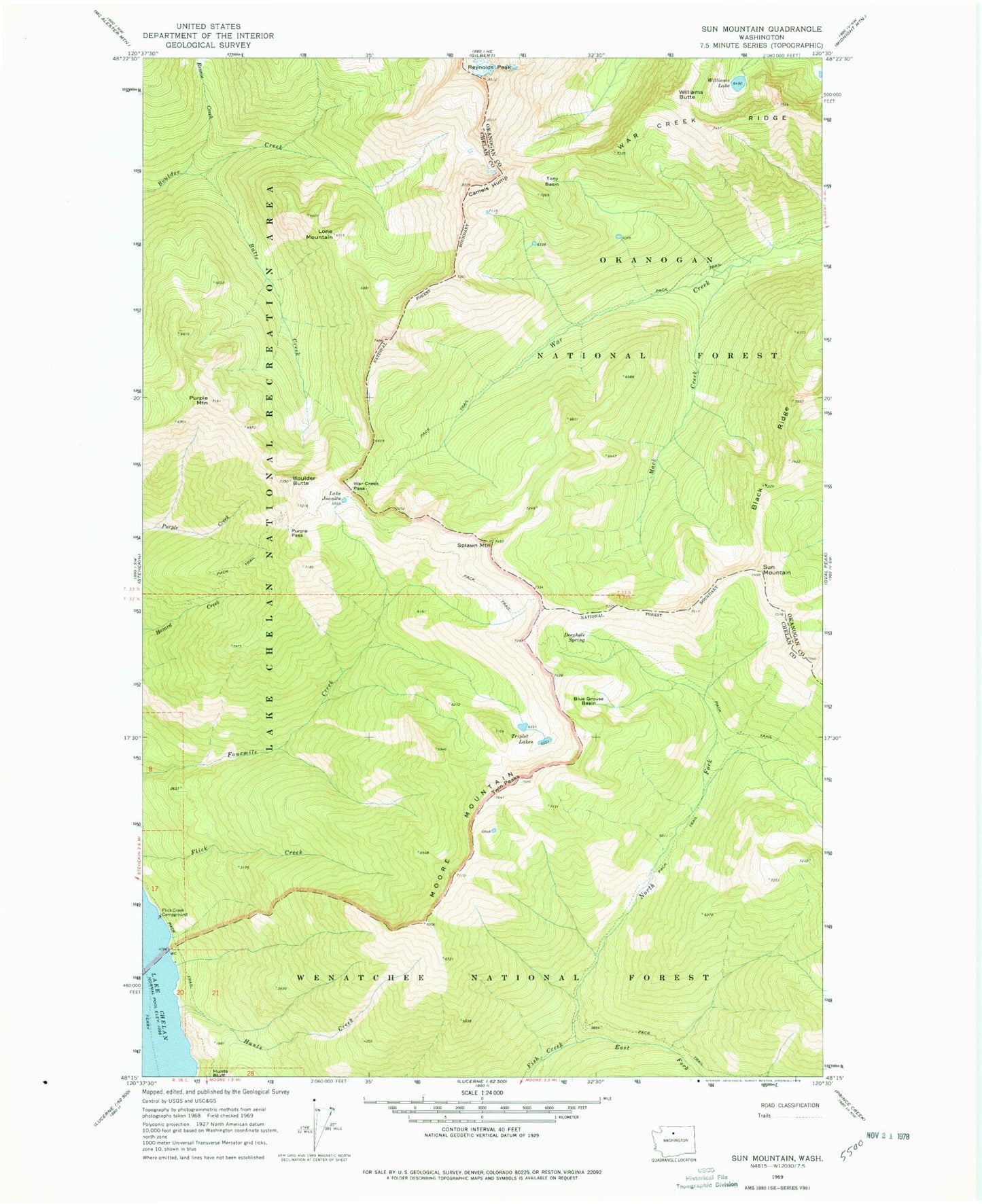 Classic USGS Sun Mountain Washington 7.5'x7.5' Topo Map Image