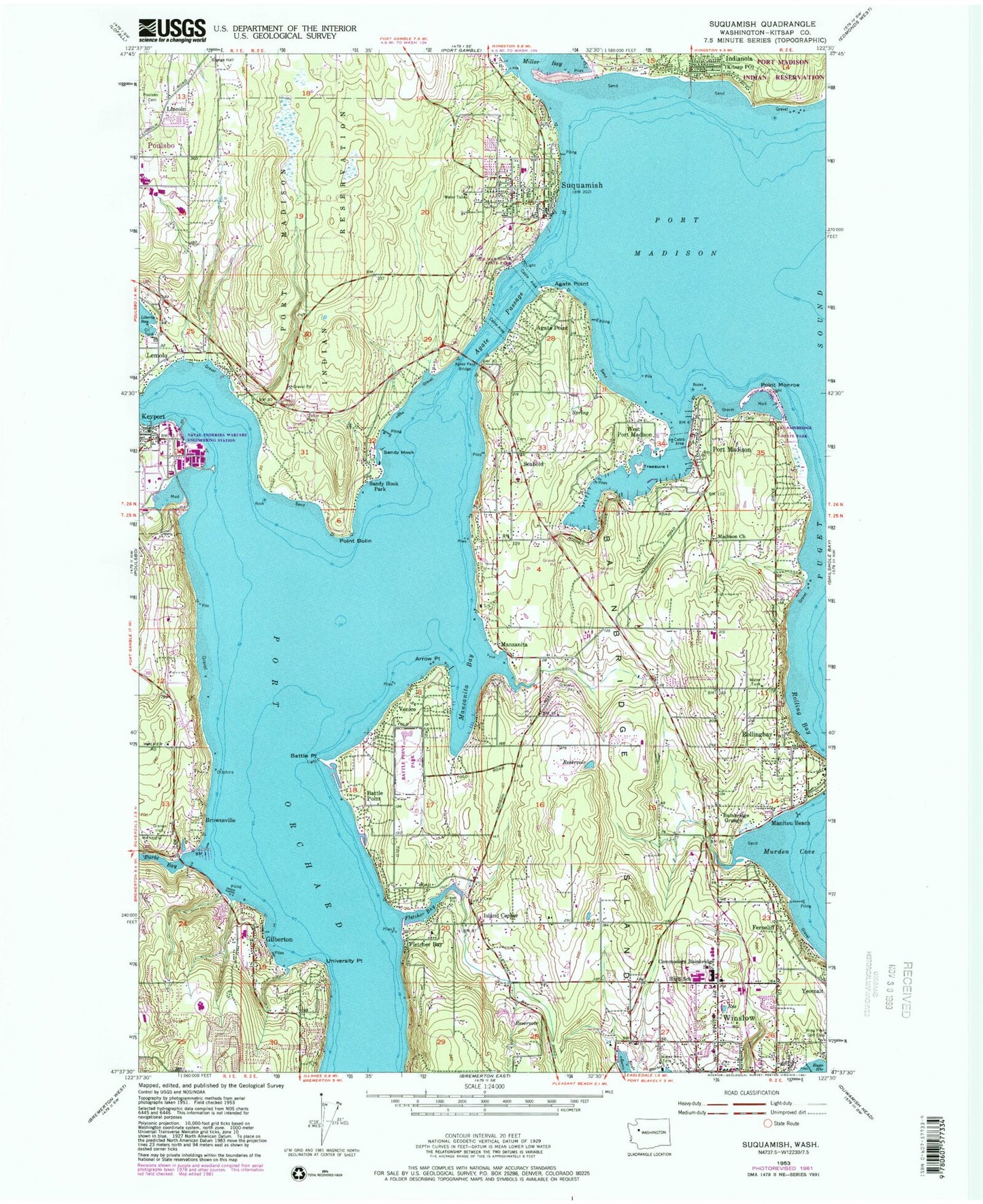Classic USGS Suquamish Washington 7.5'x7.5' Topo Map Image