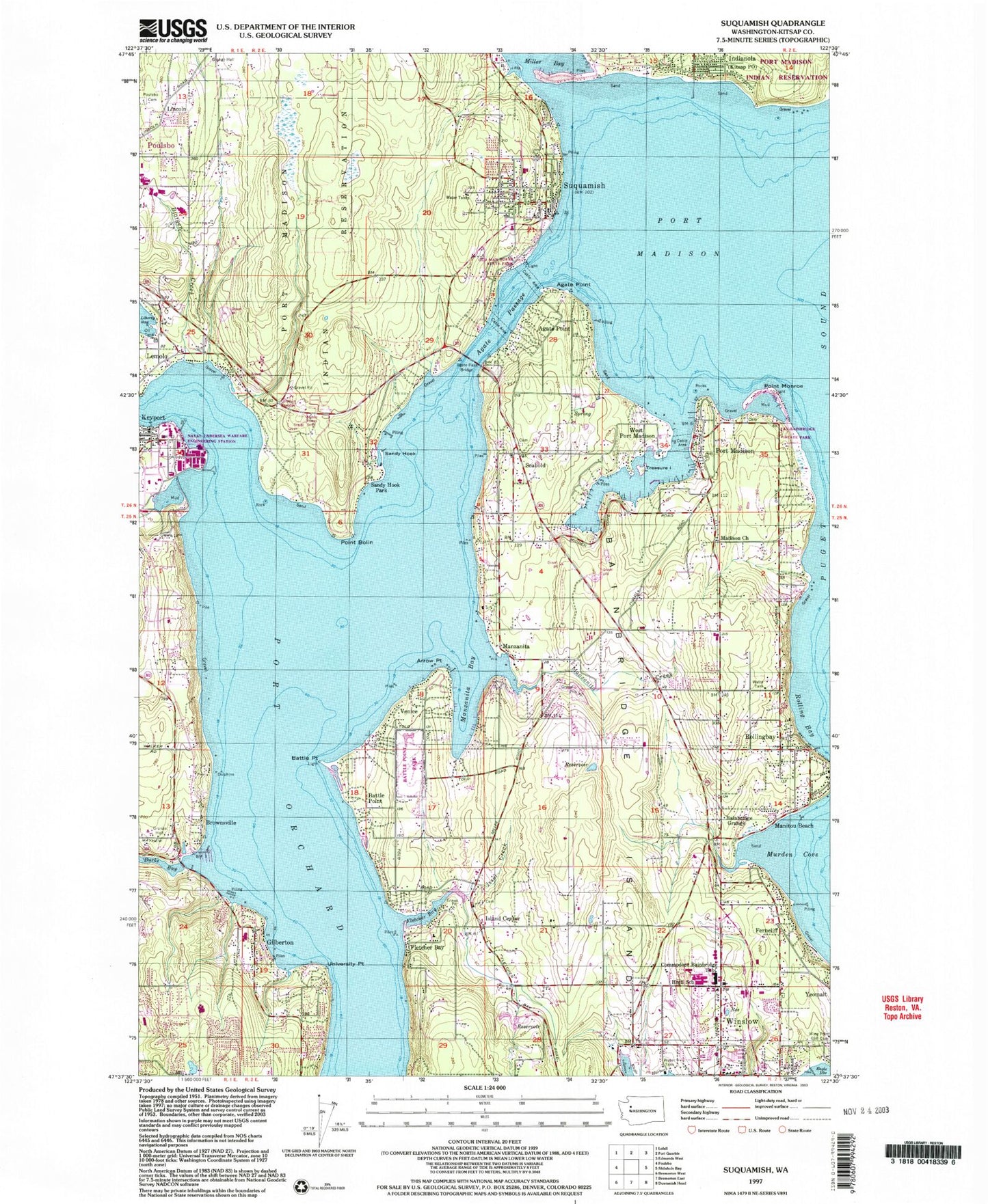 Classic USGS Suquamish Washington 7.5'x7.5' Topo Map Image