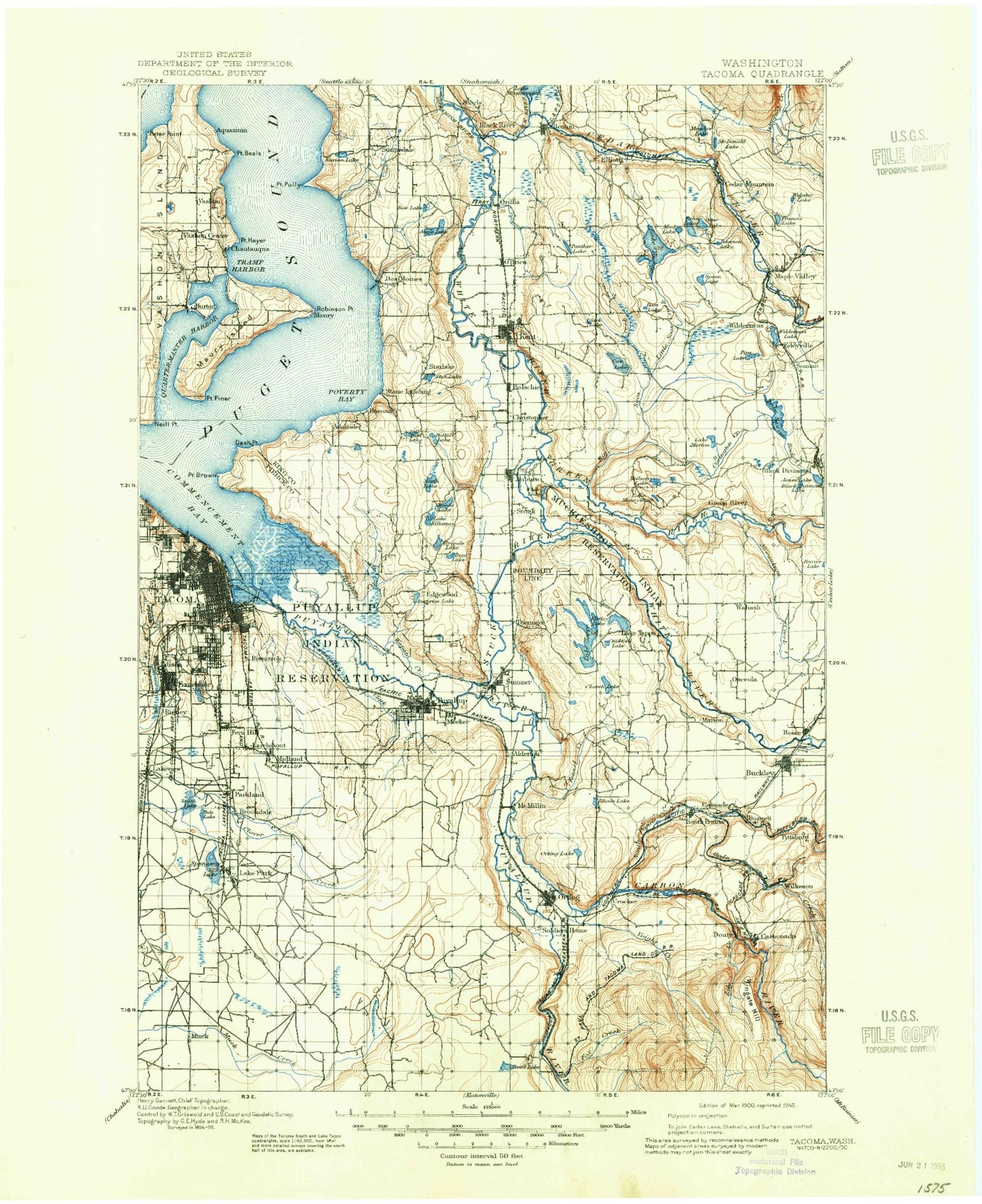 Historic 1900 Tacoma Washington 30'x30' Topo Map Image