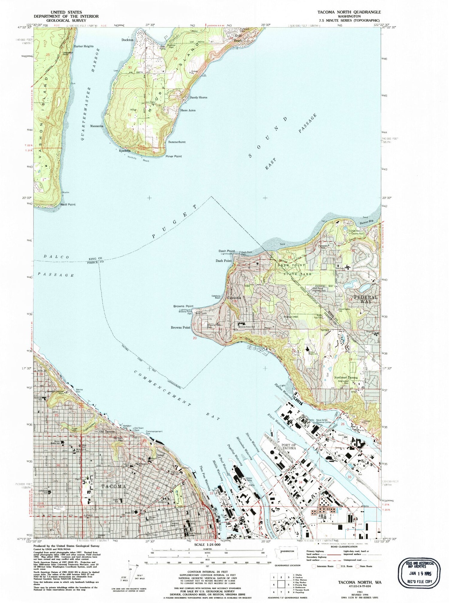 Classic USGS Tacoma North Washington 7.5'x7.5' Topo Map Image