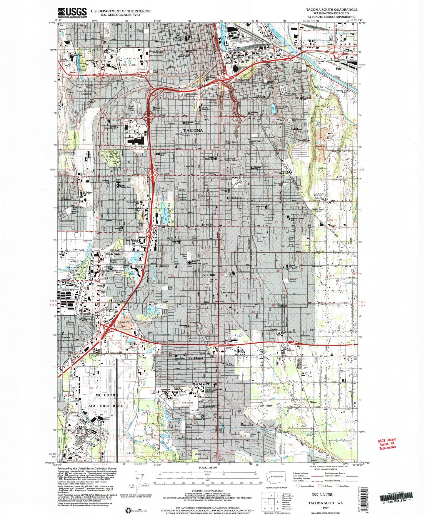Classic USGS Tacoma South Washington 7.5'x7.5' Topo Map Image