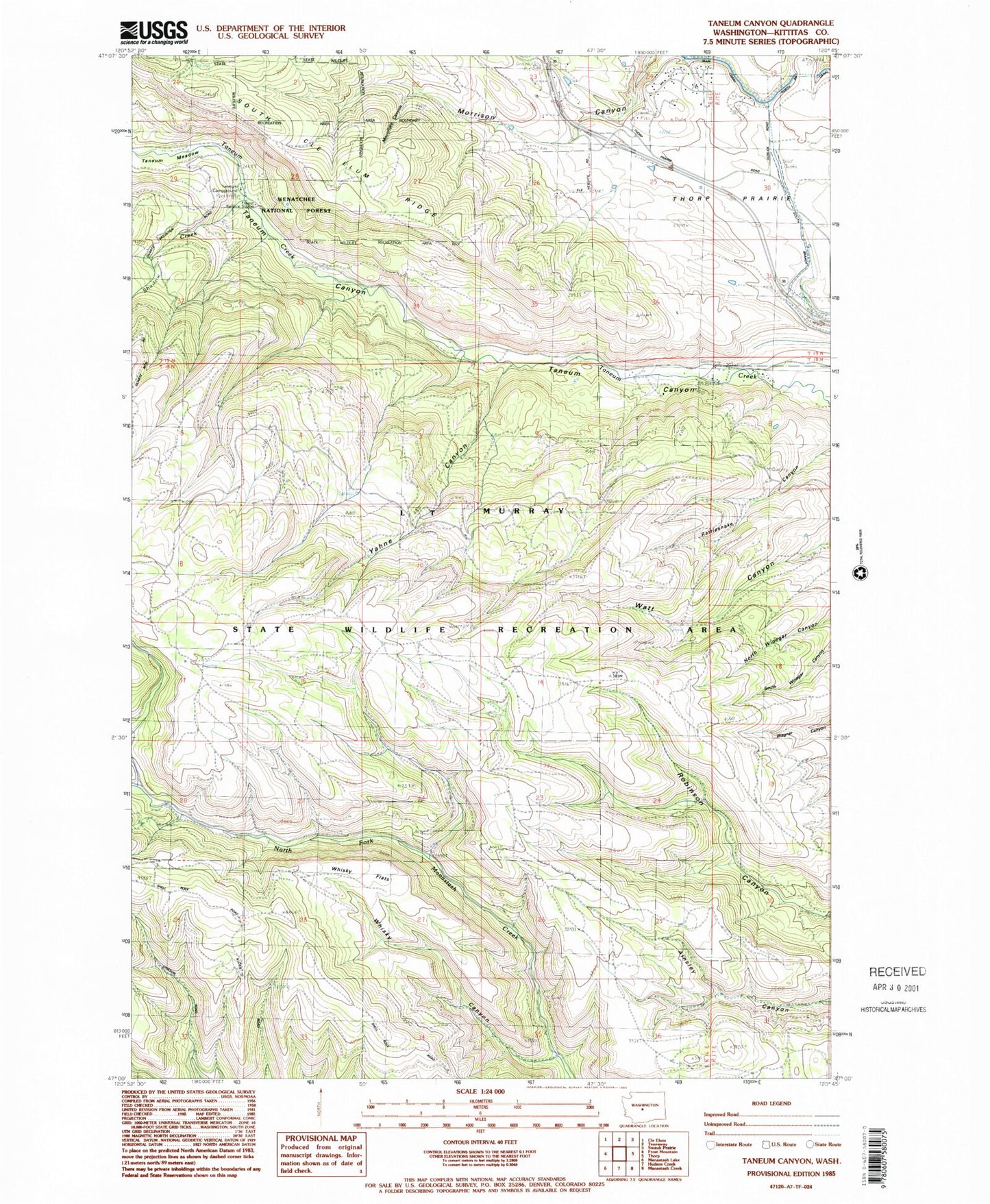 Classic USGS Taneum Canyon Washington 7.5'x7.5' Topo Map Image