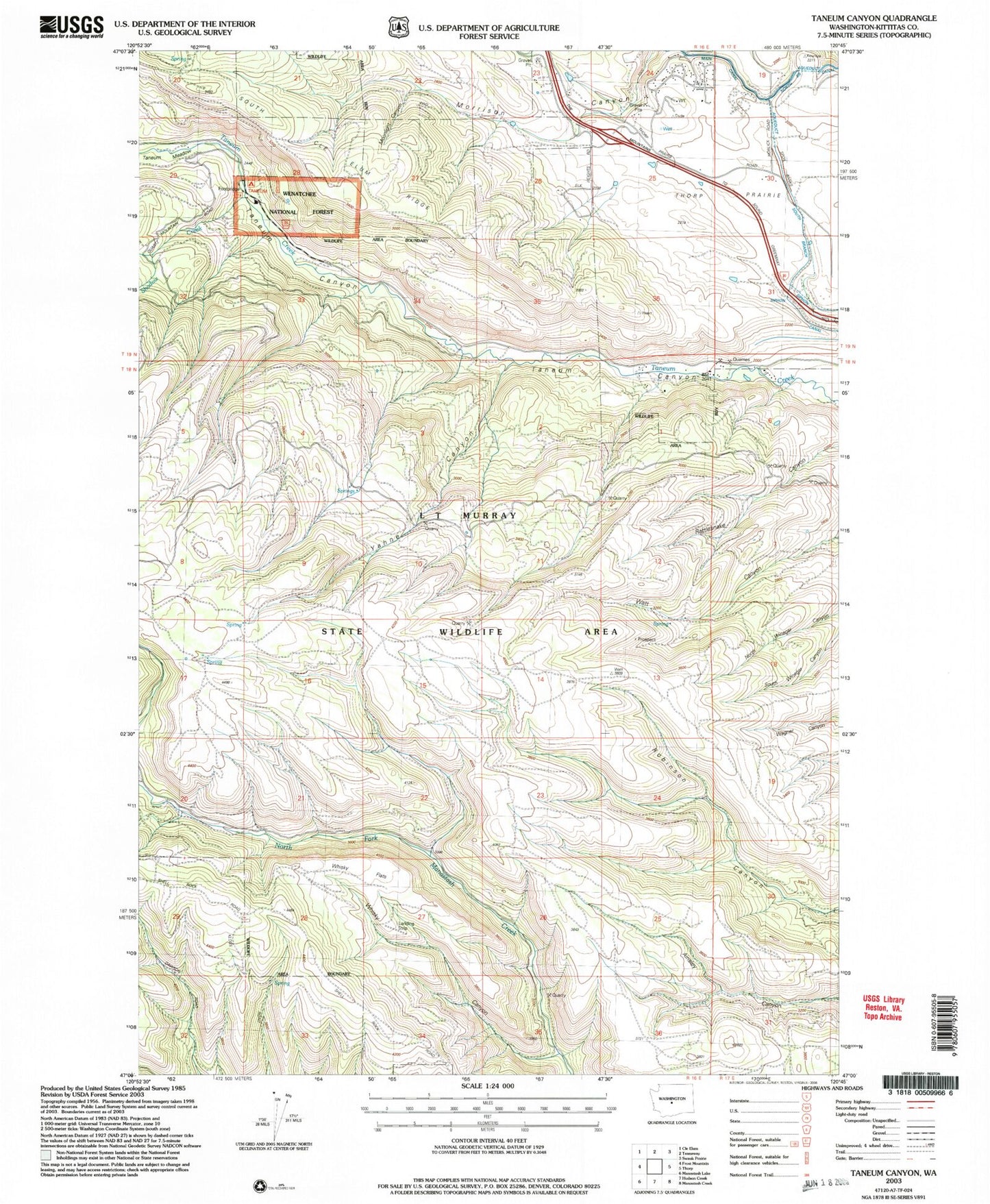 Classic USGS Taneum Canyon Washington 7.5'x7.5' Topo Map Image