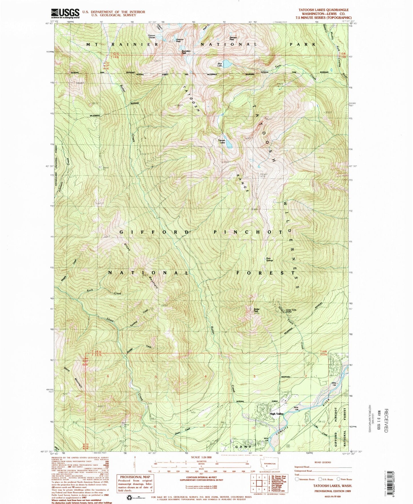 Classic USGS Tatoosh Lakes Washington 7.5'x7.5' Topo Map Image