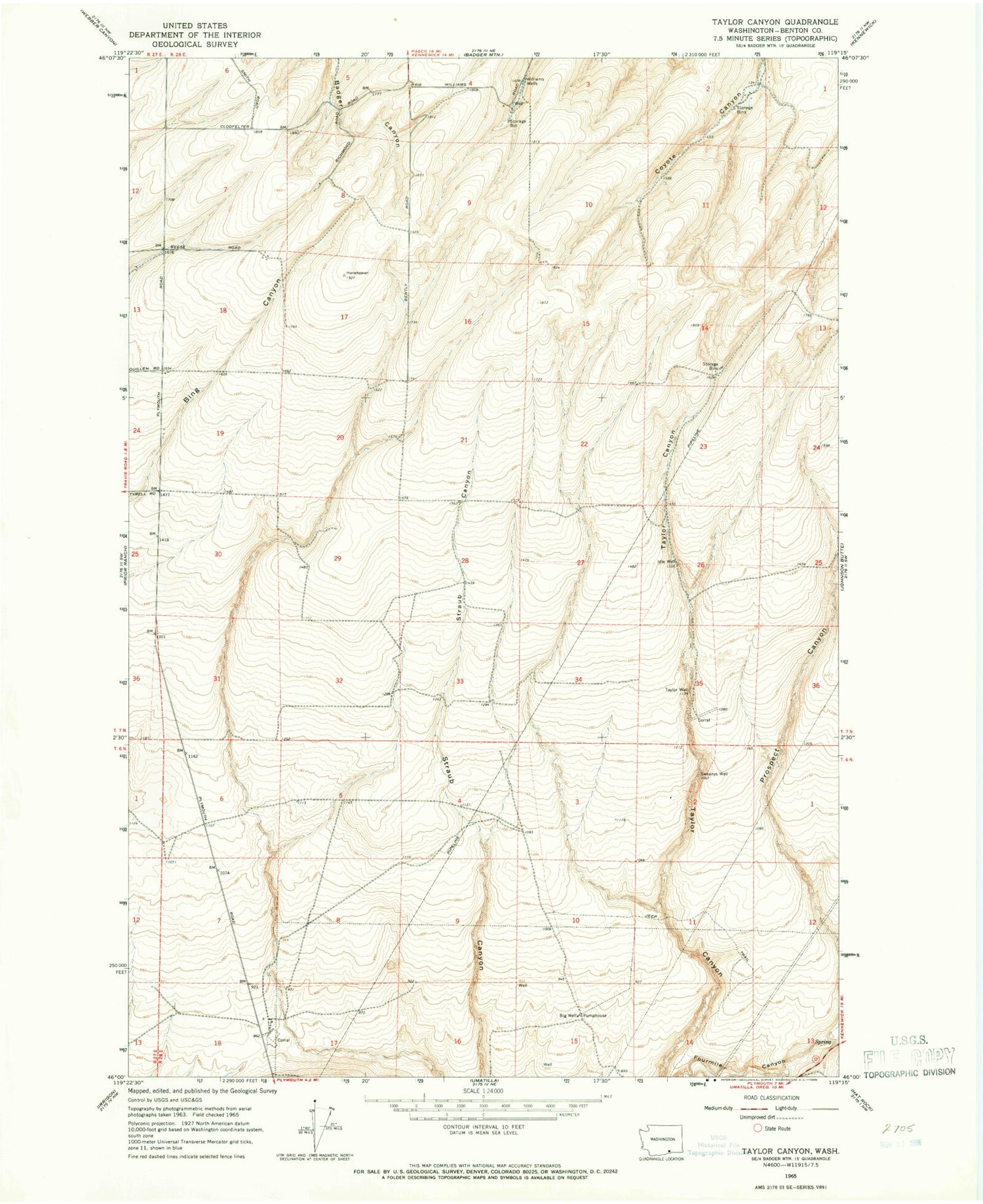 Classic USGS Taylor Canyon Washington 7.5'x7.5' Topo Map Image