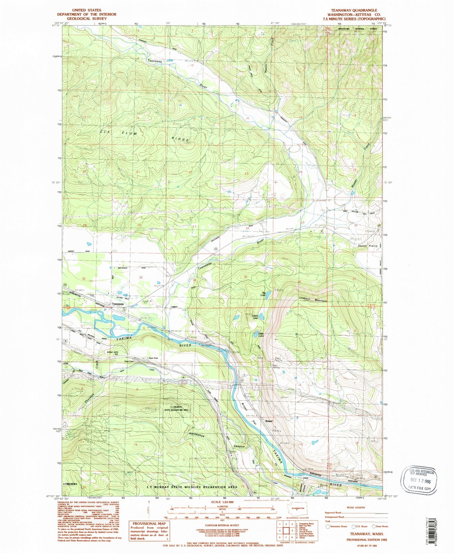 Classic USGS Teanaway Washington 7.5'x7.5' Topo Map Image