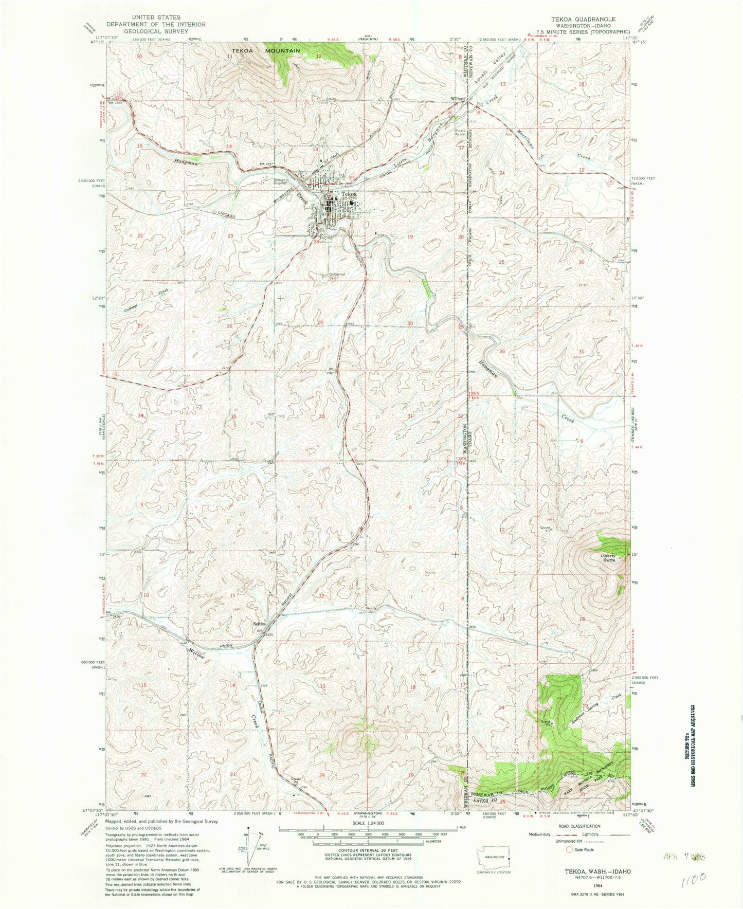 Classic USGS Tekoa Washington 7.5'x7.5' Topo Map Image