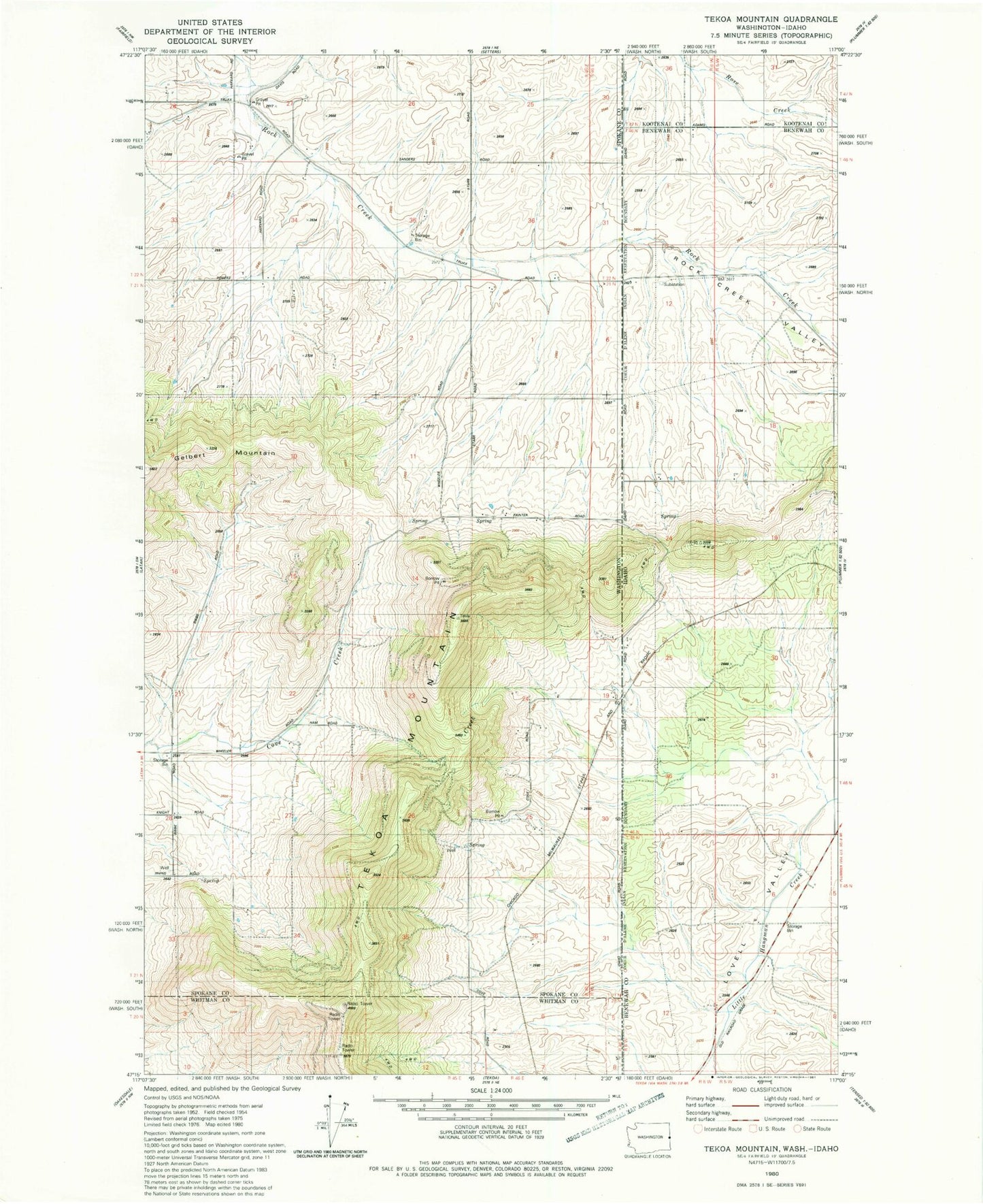 Classic USGS Tekoa Mountain Washington 7.5'x7.5' Topo Map Image