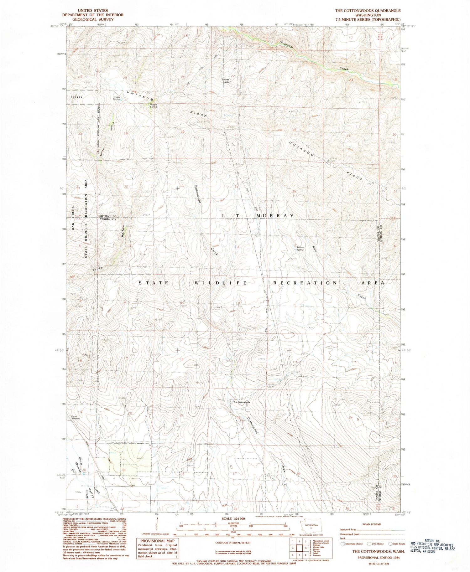 Classic USGS The Cottonwoods Washington 7.5'x7.5' Topo Map Image