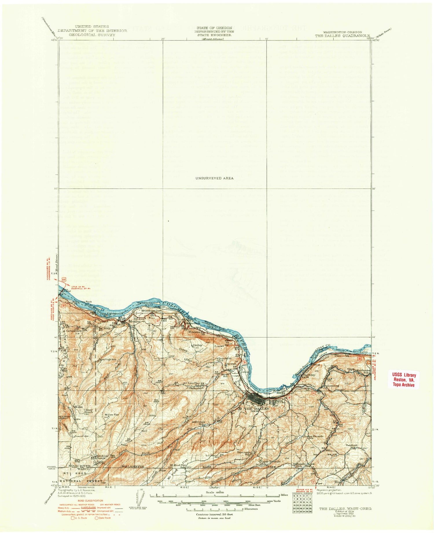Historic 1934 The Dalles Oregon 30'x30' Topo Map Image