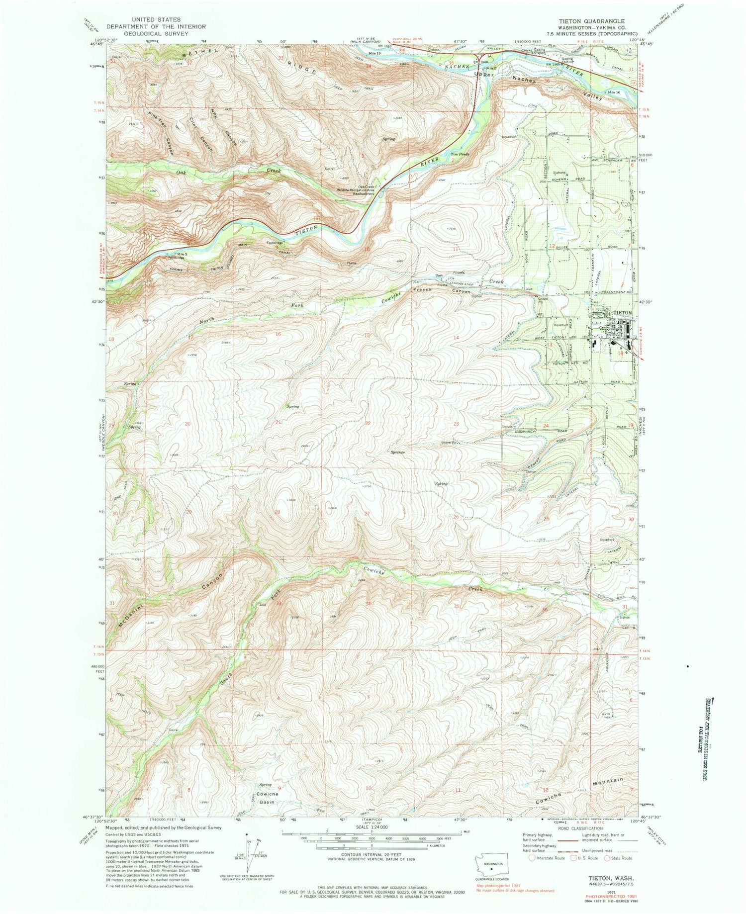 Classic USGS Tieton Washington 7.5'x7.5' Topo Map Image