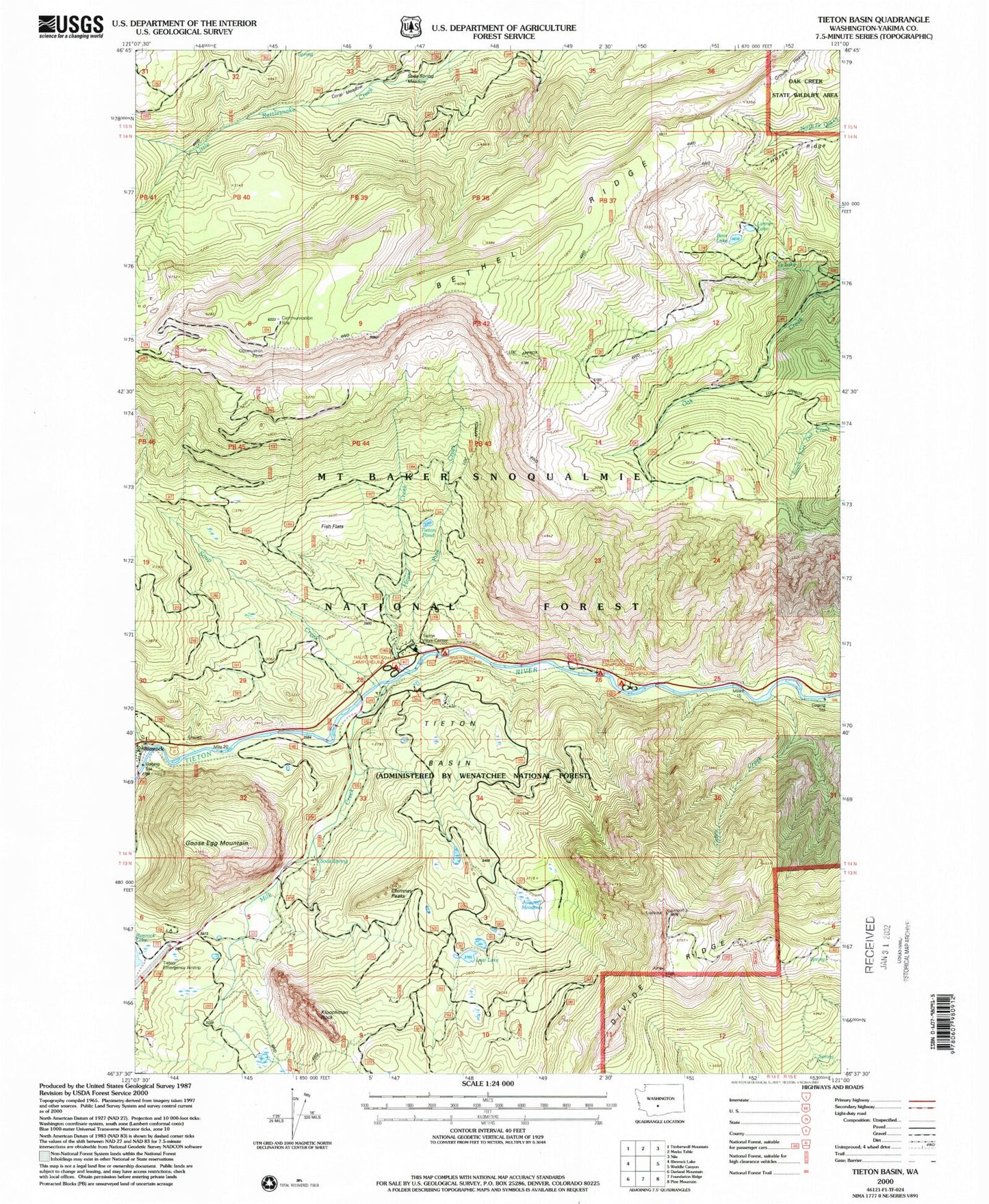 Classic USGS Tieton Basin Washington 7.5'x7.5' Topo Map Image