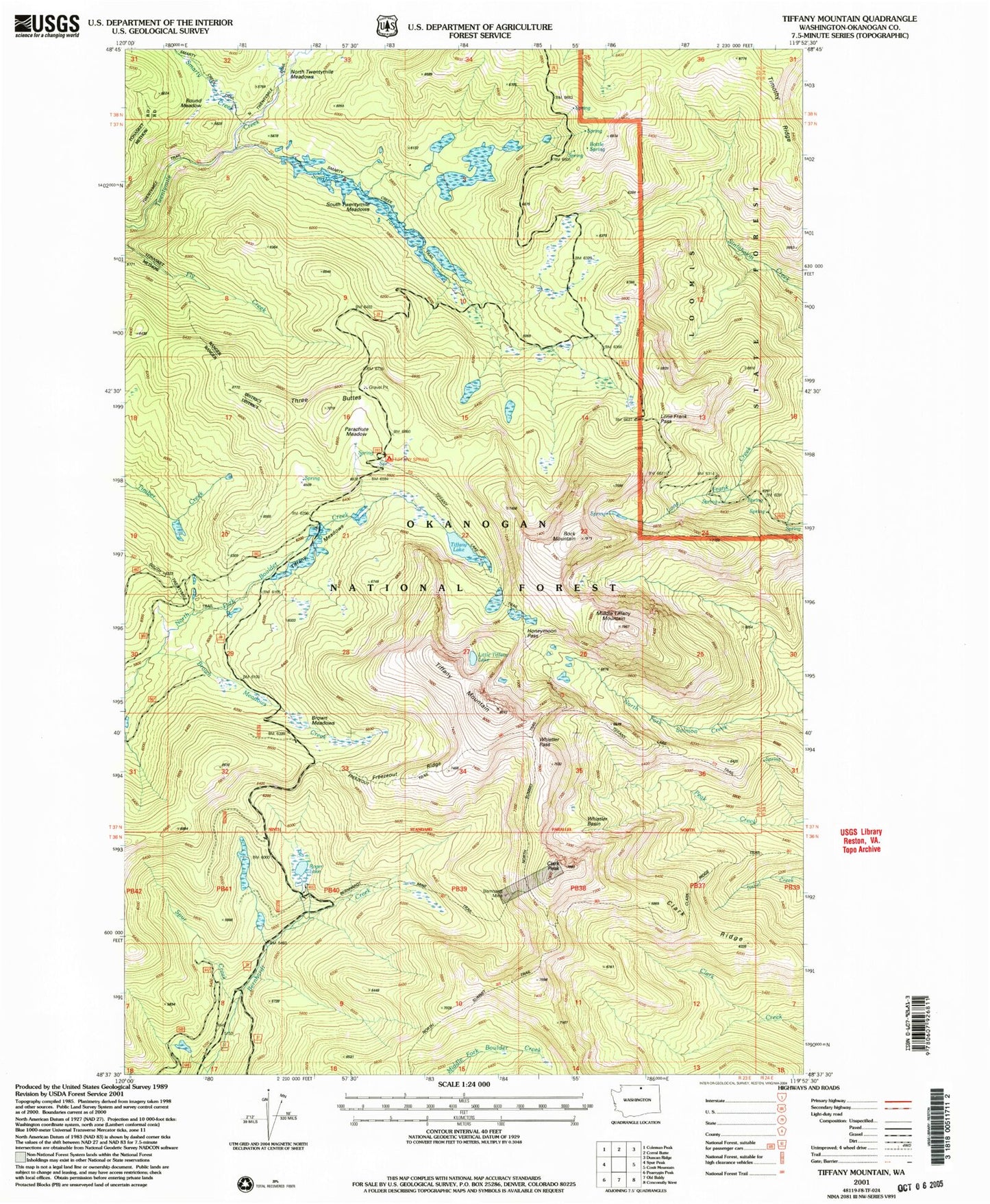 Classic USGS Tiffany Mountain Washington 7.5'x7.5' Topo Map Image