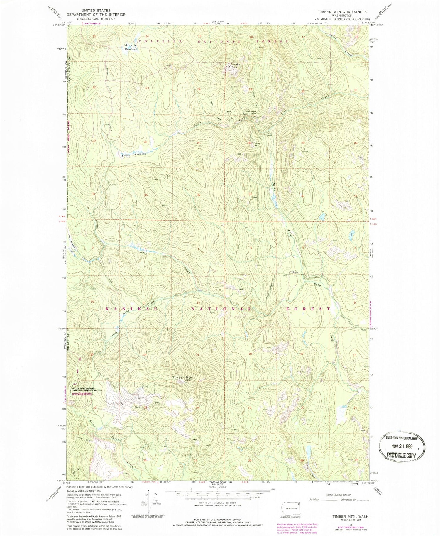 Classic USGS Timber Mountain Washington 7.5'x7.5' Topo Map Image