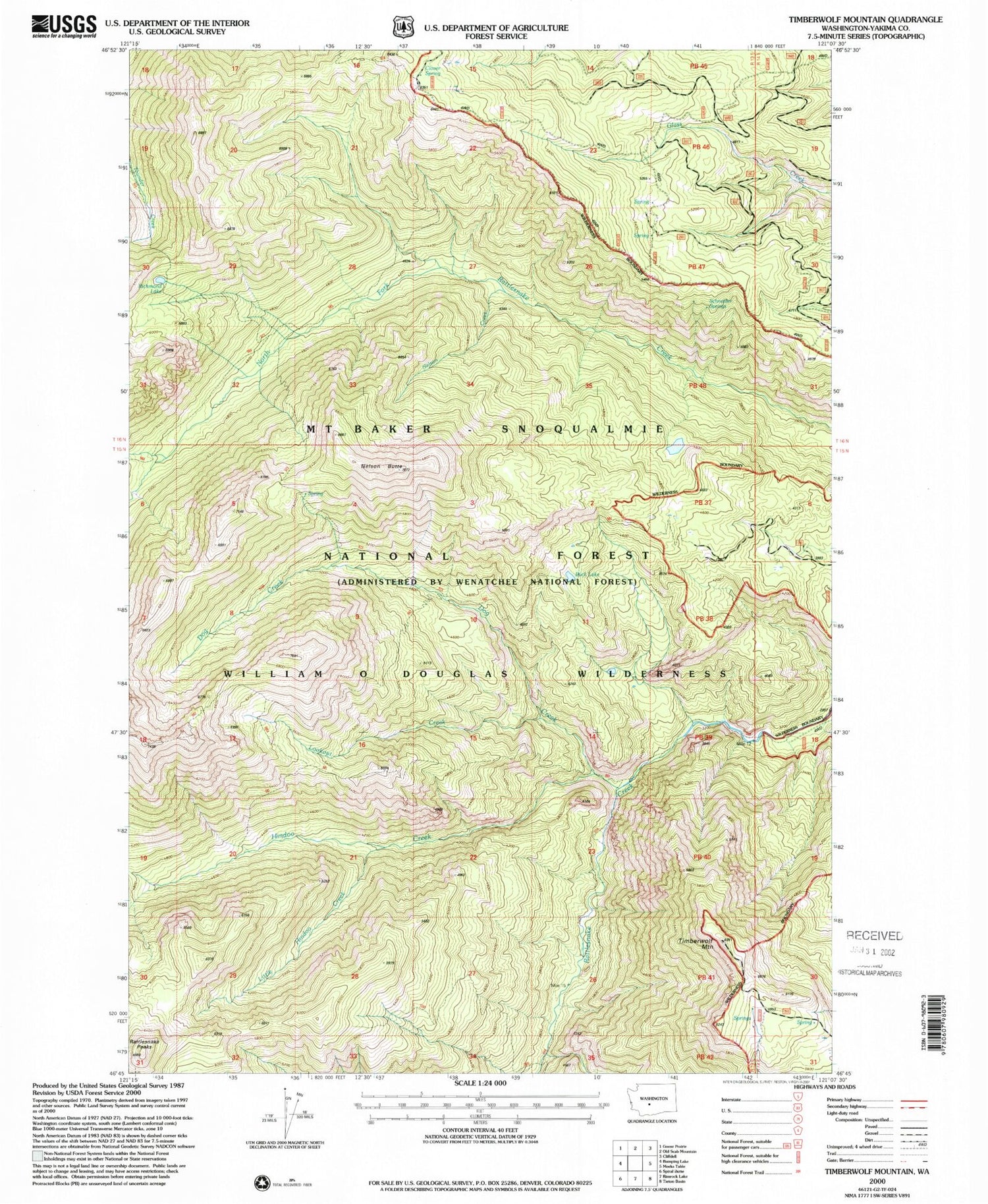 Classic USGS Timberwolf Mountain Washington 7.5'x7.5' Topo Map Image