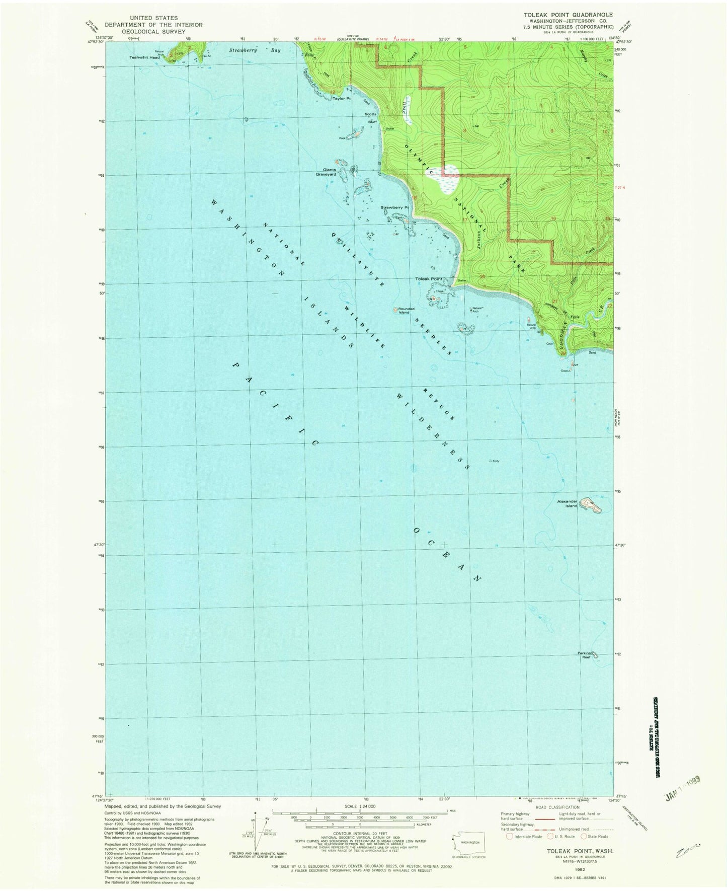 Classic USGS Toleak Point Washington 7.5'x7.5' Topo Map Image