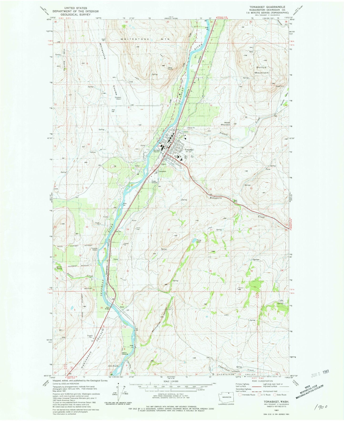 Classic USGS Tonasket Washington 7.5'x7.5' Topo Map Image