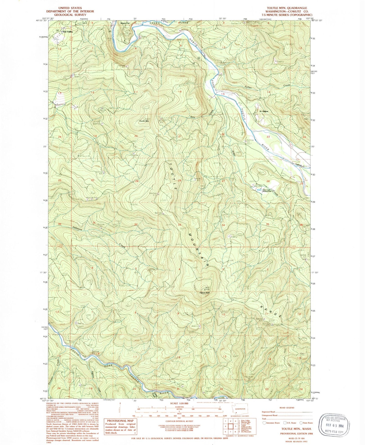 Classic USGS Toutle Mountain Washington 7.5'x7.5' Topo Map Image