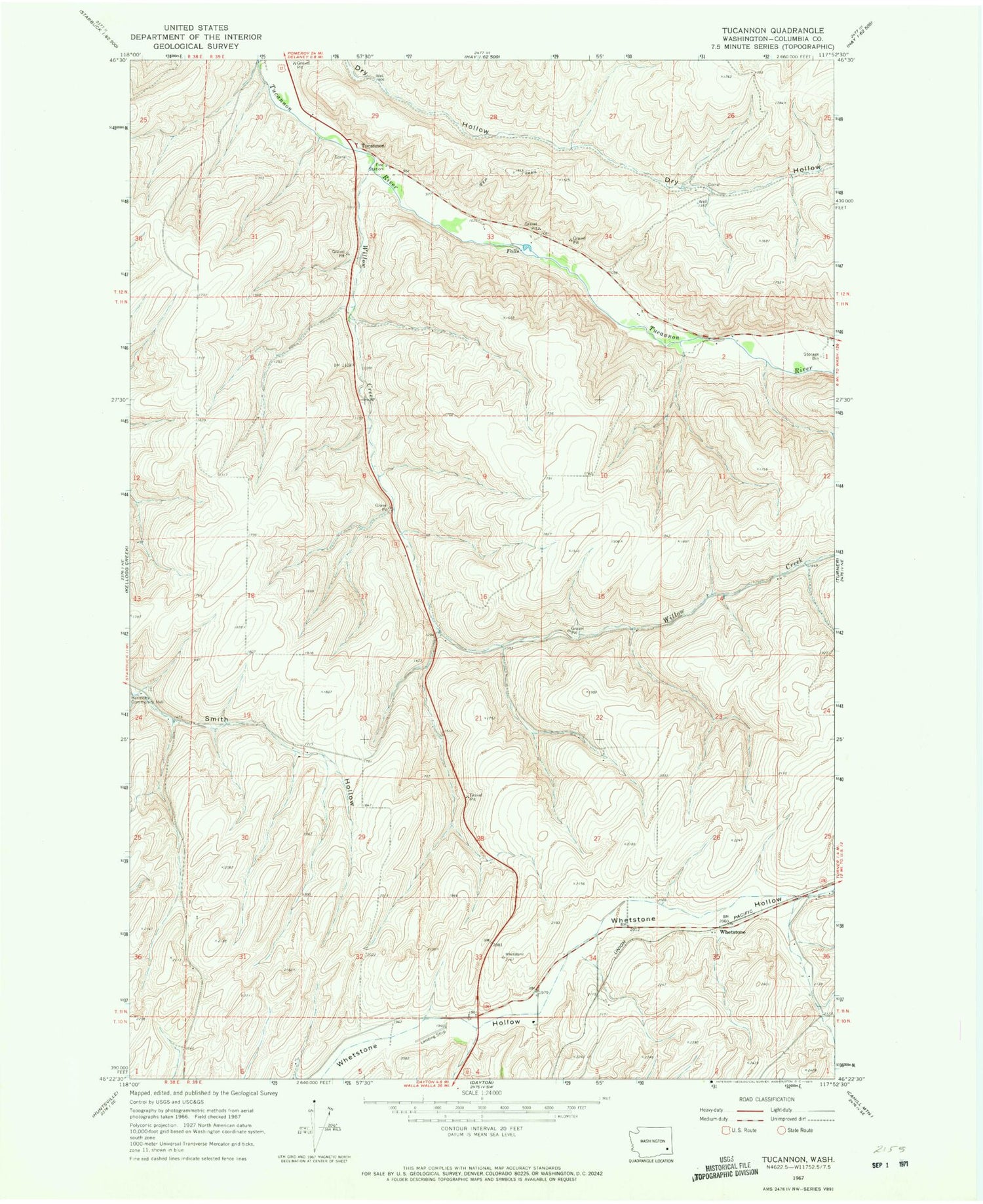 Classic USGS Tucannon Washington 7.5'x7.5' Topo Map Image