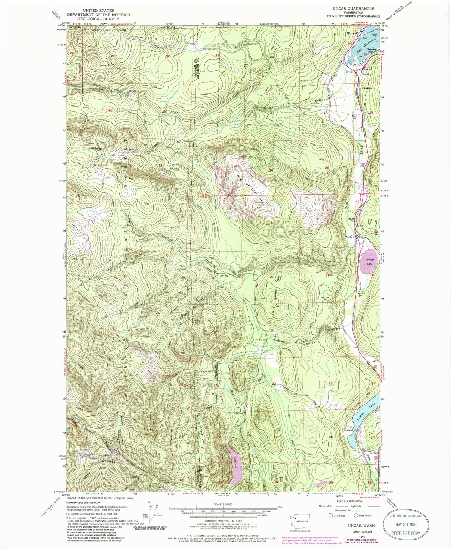 Classic USGS Uncas Washington 7.5'x7.5' Topo Map Image