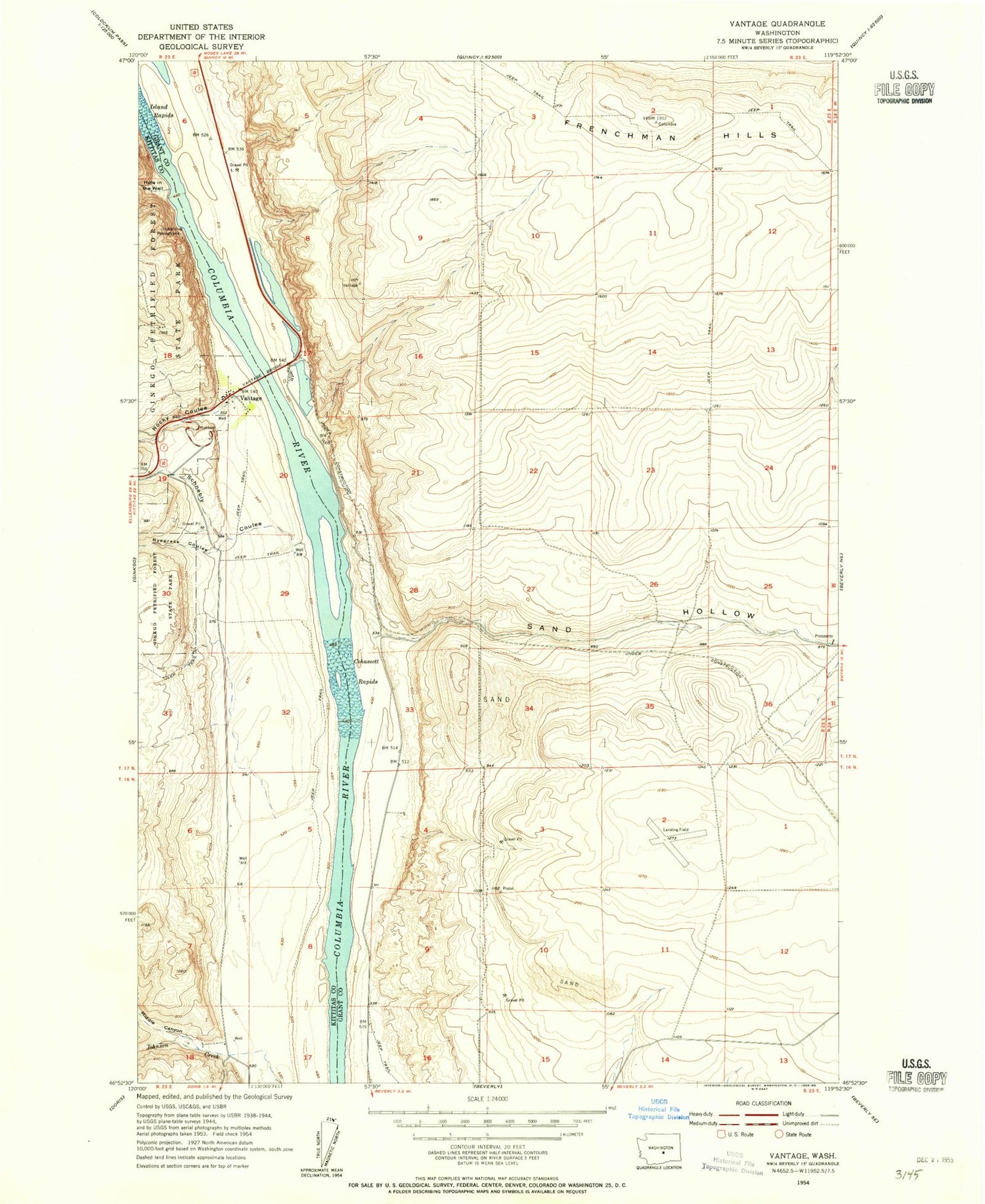 Classic USGS Vantage Washington 7.5'x7.5' Topo Map Image
