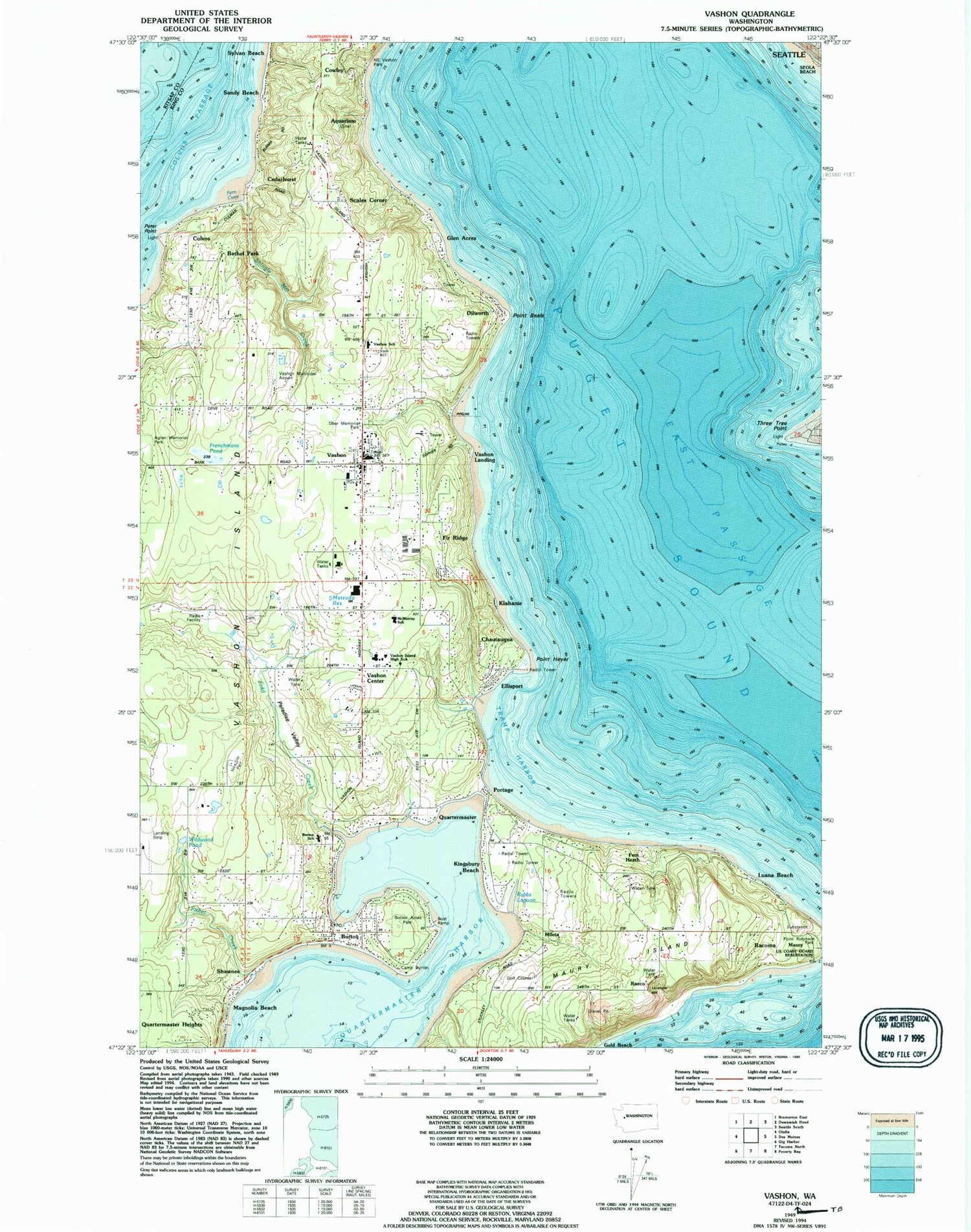 Classic USGS Vashon Washington 7.5'x7.5' Topo Map Image