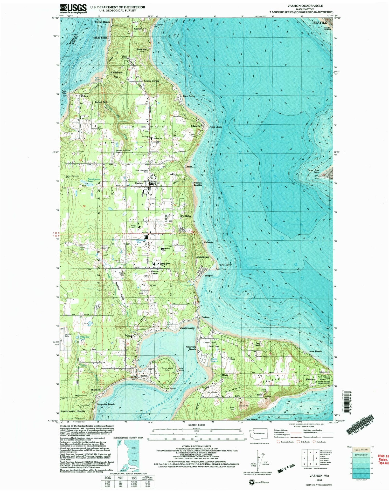 Classic USGS Vashon Washington 7.5'x7.5' Topo Map Image