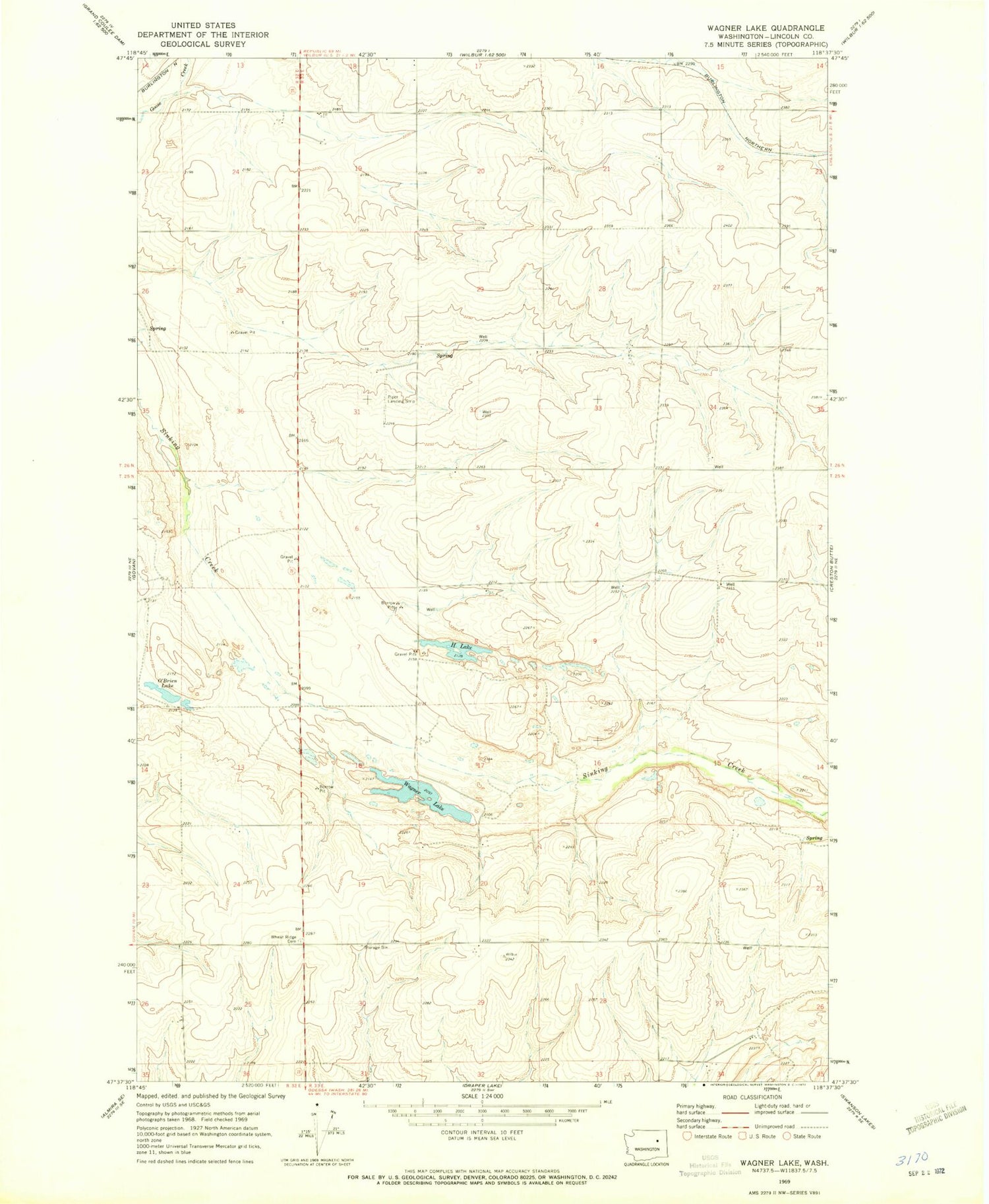 Classic USGS Wagner Lake Washington 7.5'x7.5' Topo Map Image